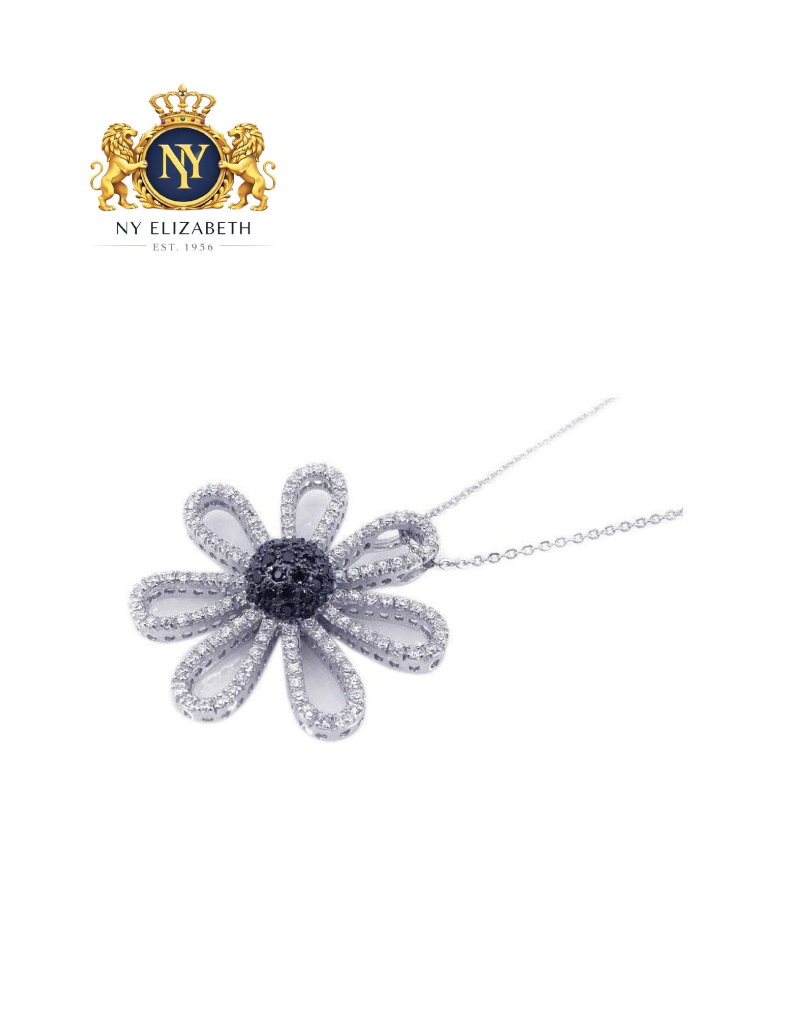 CLEARANCE-SILVER 925 BLACK AND RHODIUM PLATED NECKLACE: Clearance-Silver 925 Black and Rhodium Plated CZ Necklace Metal: 925 Sterling Silver Plating: Nickel Free Rhodium Plated Stone: Cubic Zirconia Stones Dimensions: 41mm x 42mm Length: 16 + 2 inch Extens