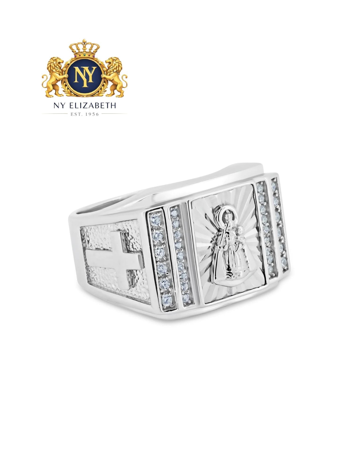 RHODIUM PLATED 925 STERLING SILVER RELIGIOUS SAINT RING: Rhodium Plated 925 Sterling Silver Religious Saint CZ Ring Metal: 925 Sterling Silver Plating: Nickel Free Rhodium Plated Ring Size:: 11 US Accessories: None Notice: When purchasing pre-owned goods, p