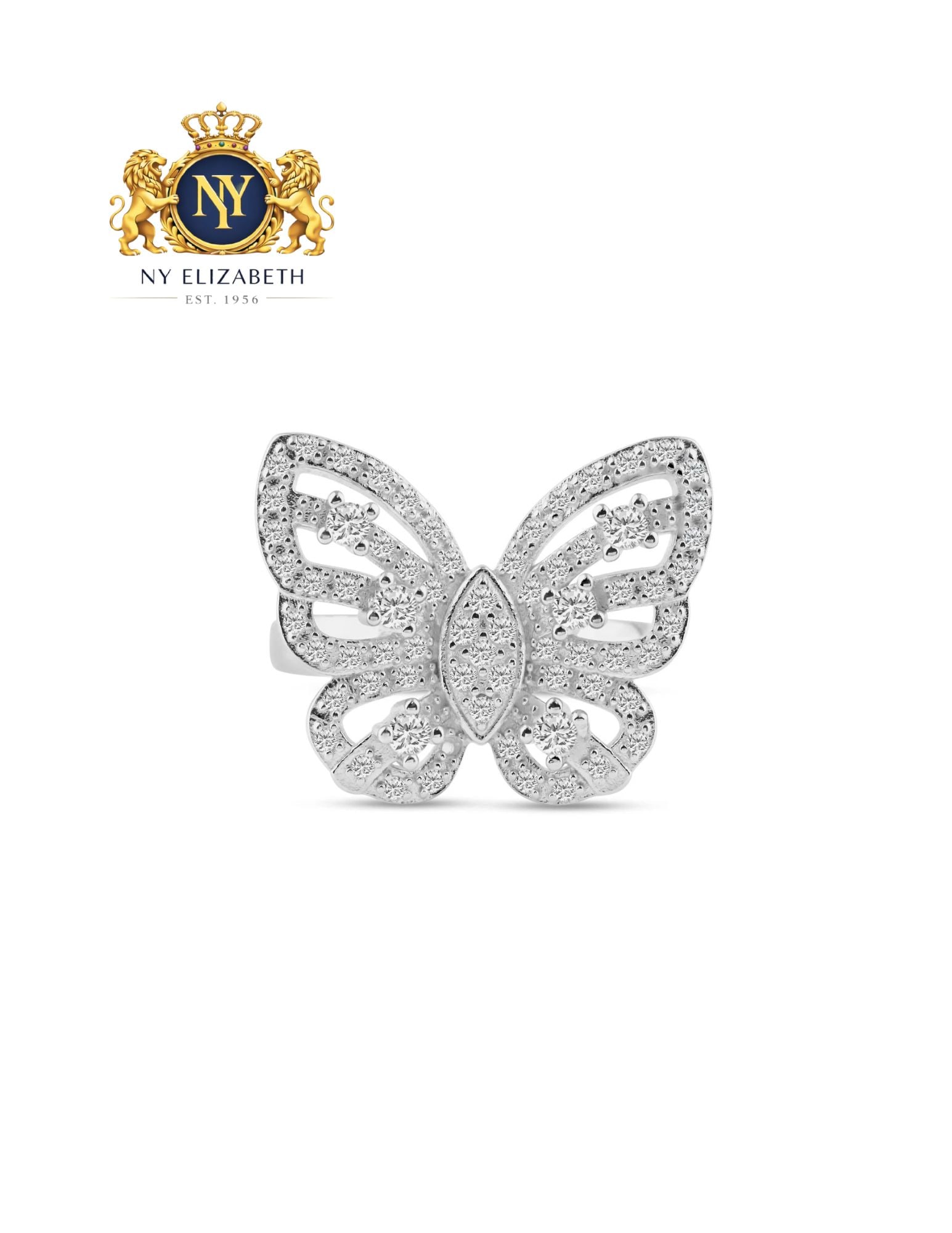 SILVER 925 RHODIUM PLATED PAVE SET BUTTERFLY RING: Silver 925 Rhodium Plated Pave Set CZ Butterfly Ring Metal: 925 Sterling Silver Plating: Nickel Free Rhodium Plated Stone: Clear CZ Stones Ring Size:: 9 US Accessories: None Notice: When purchasing
