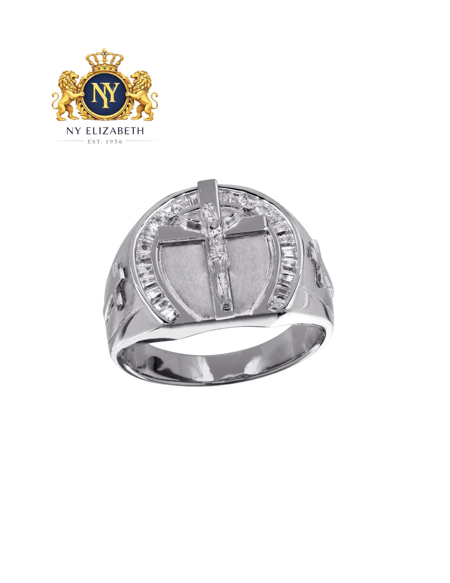 RHODIUM PLATED 925 STERLING SILVER MEN'S CRUCIFIX RING: Rhodium Plated 925 Sterling Silver Men's Crucifix Ring Metal: 925 Sterling Silver Plating: Nickel Free Gold Plated Stone: Clear Stones Ring Size:: 11 US Accessories: None Notice: When purchasing pr