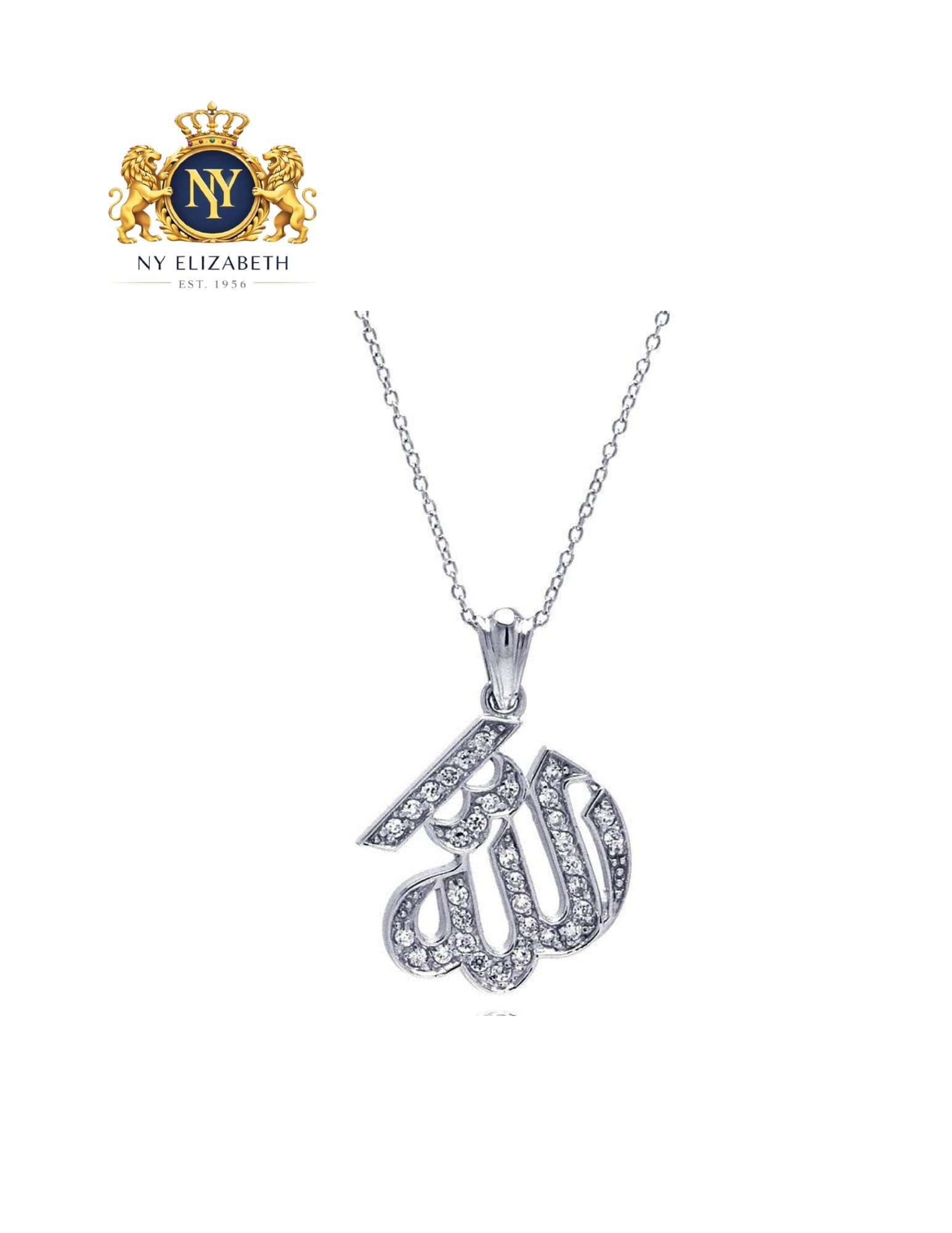 SILVER 925 CLEAR RHODIUM PLATED ALLAH PENDANT NECKLACE: Silver 925 Clear CZ Rhodium Plated Allah Pendant Necklace Metal: 925 Sterling Silver Plating: Nickel Free Rhodium Plated Stone: Cubic Zirconia Stones Length: 16 + 2 inch Extension Accessories: None