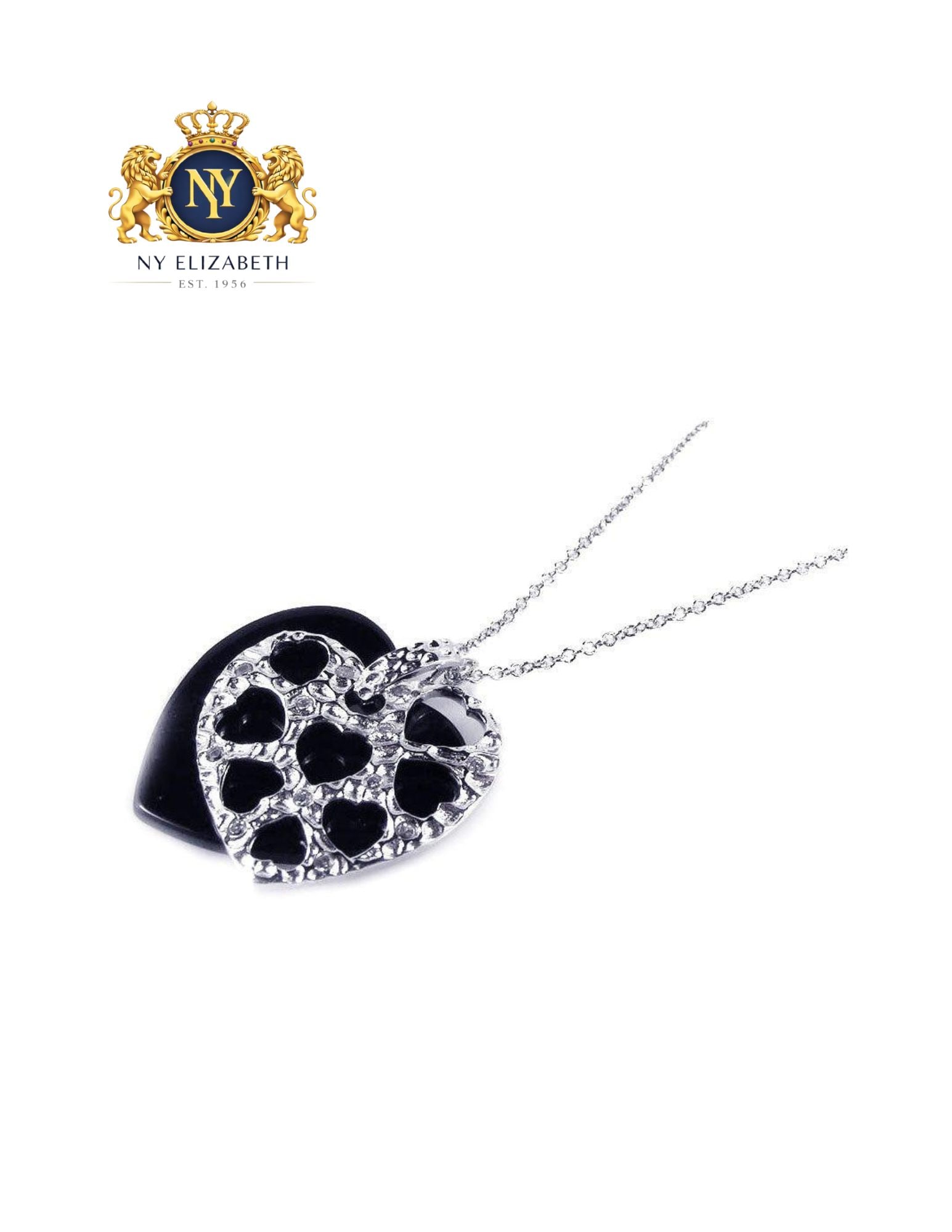 SILVER 925 RHODIUM PLATED HEART PENDANT NECKLACE: Silver 925 Rhodium Plated Heart Pendant Necklace Metal: 925 Sterling Silver Plating: Nickel Free Rhodium Plated Stone: Onyx Stone ; Cubic Zirconia Stones Dimensions: 33mm x 30mm Length: 16 + 2 inch Ex