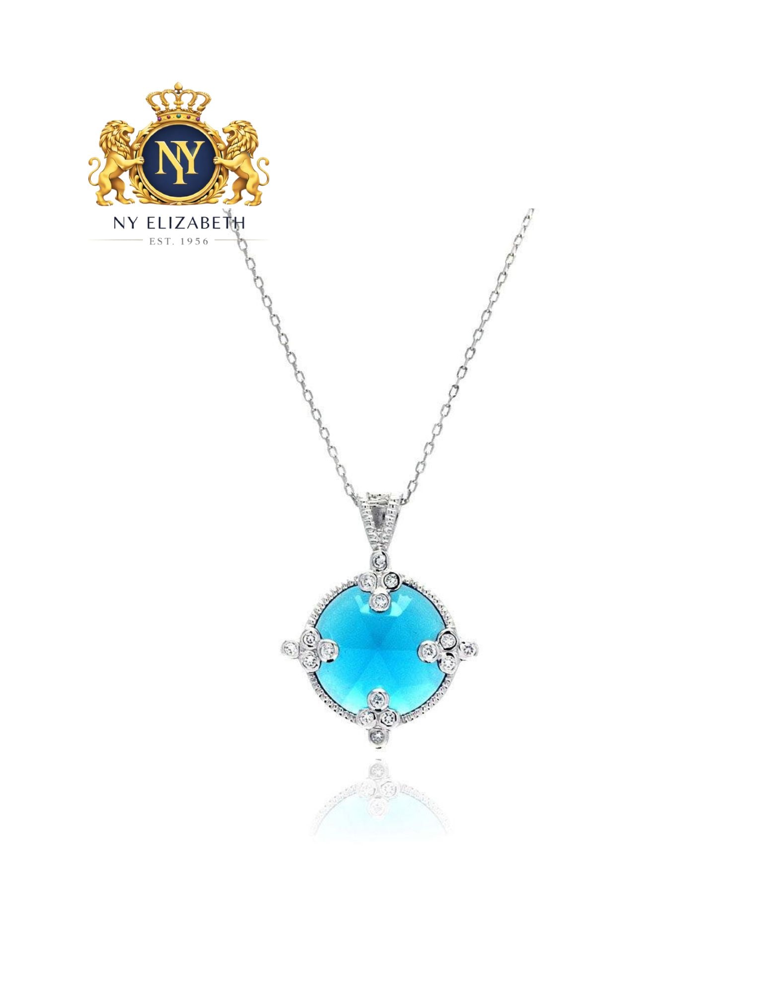 SILVER 925 RHODIUM PLATED ROUND BLUE NECKLACE: Silver 925 Rhodium Plated Round Blue CZ Necklace Metal: 925 Sterling Silver Plating: Nickel Free Rhodium Plated Stone: Cubic Zirconia Stones Dimensions: 30mm x 23mm Length: 16 + 2 inch Extension A