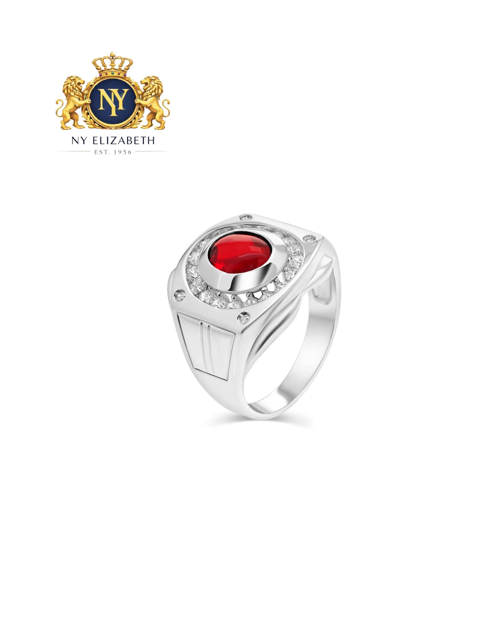 RHODIUM PLATED 925 STERLING SILVER MEN'S RING: Rhodium Plated 925 Sterling Silver Men's CZ Ring Metal: 925 Sterling Silver Plating: Nickel Free Rhodium Plated Stone: 1 Ruby | 18 Round Ring Size:: 11 US Accessories: None Notice: When purchasing