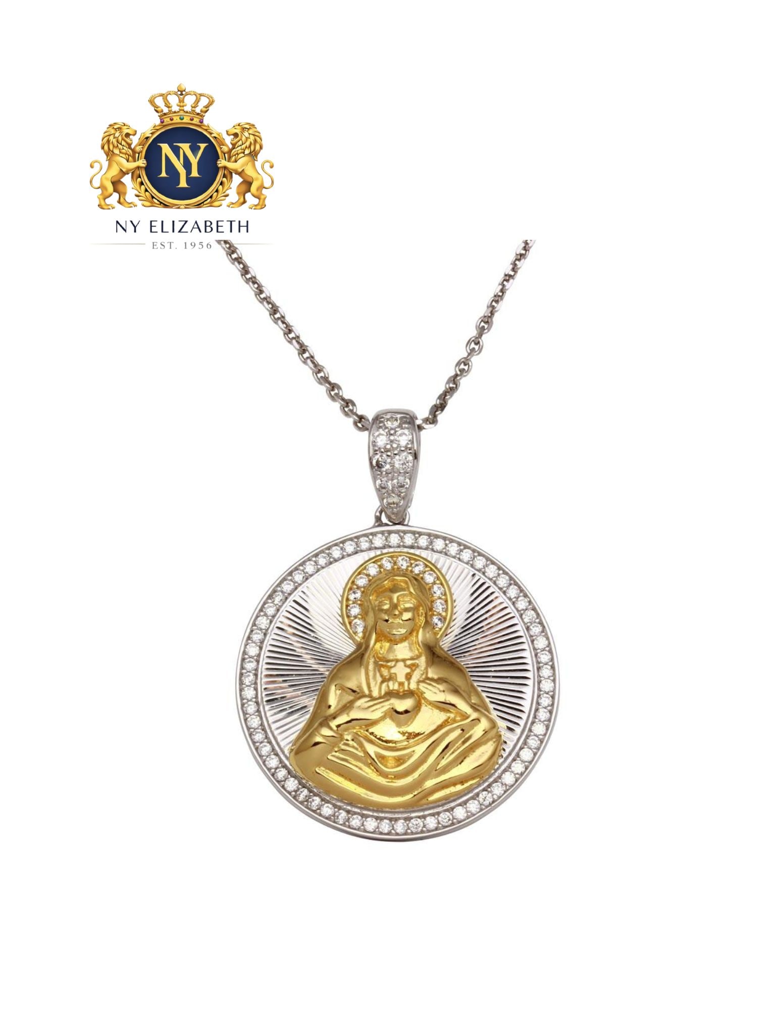 TWO-TONE 925 STERLING SILVER ROUND PENDANT NECKLACE: Two-Tone 925 Sterling Silver Round Pendant Necklace Metal: 925 Sterling Silver Plating: Nickel Free Gold and Rhodium Plated Stone: Cubic Zirconia Stones Length: 16 + 2 Inches Extension Accessories: No