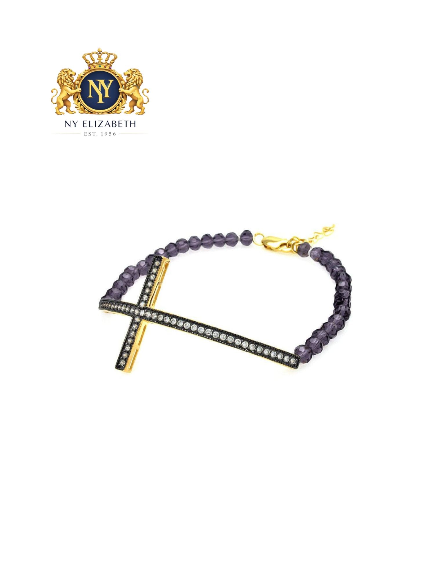 SILVER 925 BLACK AND GOLD PLATED SIDEWAYS CROSS WITH PURPLE BEADS BRACELET: Silver 925 Black and Gold Plated Sideways CZ Cross With Purple Beads Bracelet Metal: 925 Sterling Silver Plating: Gold Plated Stone: Purple Beads? and Cubic Zirconia Dimensions: 27.1mm x 56.2mm Length