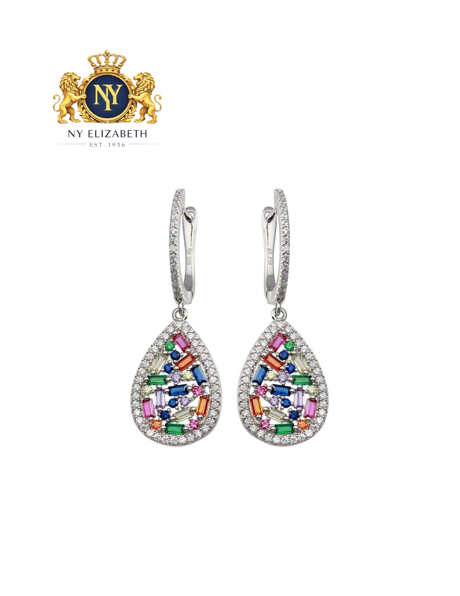 RHODIUM PLATED 925 STERLING SILVER MULTI COLOR TEARDROP DANGLING EARRING: Rhodium Plated 925 Sterling Silver Multi Color Teardrop CZ Dangling Earring Metal: 925 Sterling Silver Plating: Nickel Free Rhodium Plated Stone: Cubic Zirconia Stones Dimensions: 14mm x 38mm Length: 