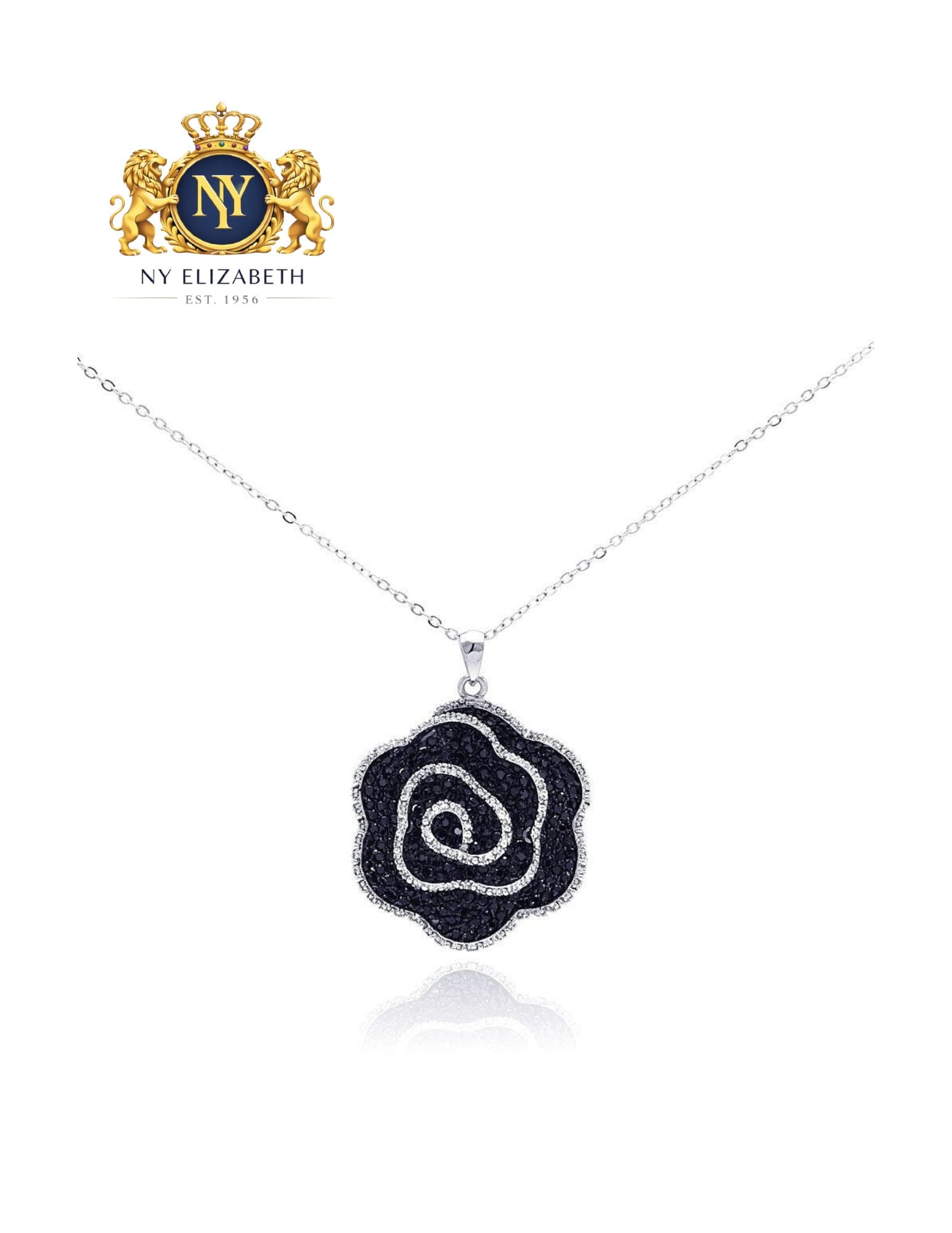 CLEARANCE-SILVER 925 RHODIUM PLATED NECKLACE: Clearance-Silver 925 Rhodium Plated CZ Necklace Metal: 925 Sterling Silver Plating: Nickel Free Black Rhodium ; Rhodium Plated Stone: Cubic Zirconia Stones Dimensions: 33mm x 31mm Length: 16 + 2 inch 