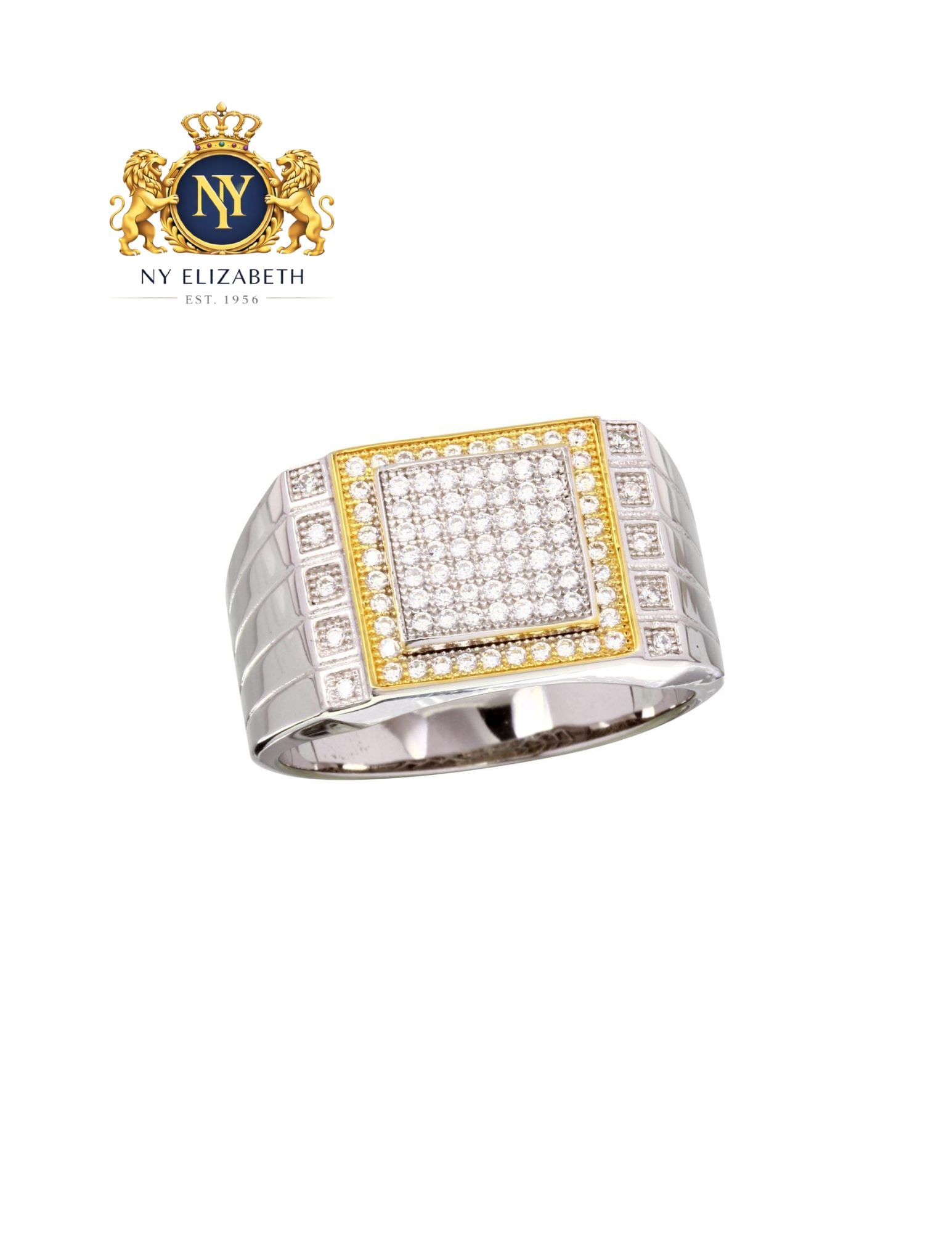 TWO-TONE 925 RHODIUM PLATED 925 STERLING SILVER MEN'S RING: Two-Tone 925 Rhodium Plated 925 Sterling Silver CZ Men's Ring Metal: 925 Sterling Silver Plating: Nickel Free Rhodium and Gold Plated Stone: Cubic Zirconia Stones Ring Size:: 11 US Accessories: None