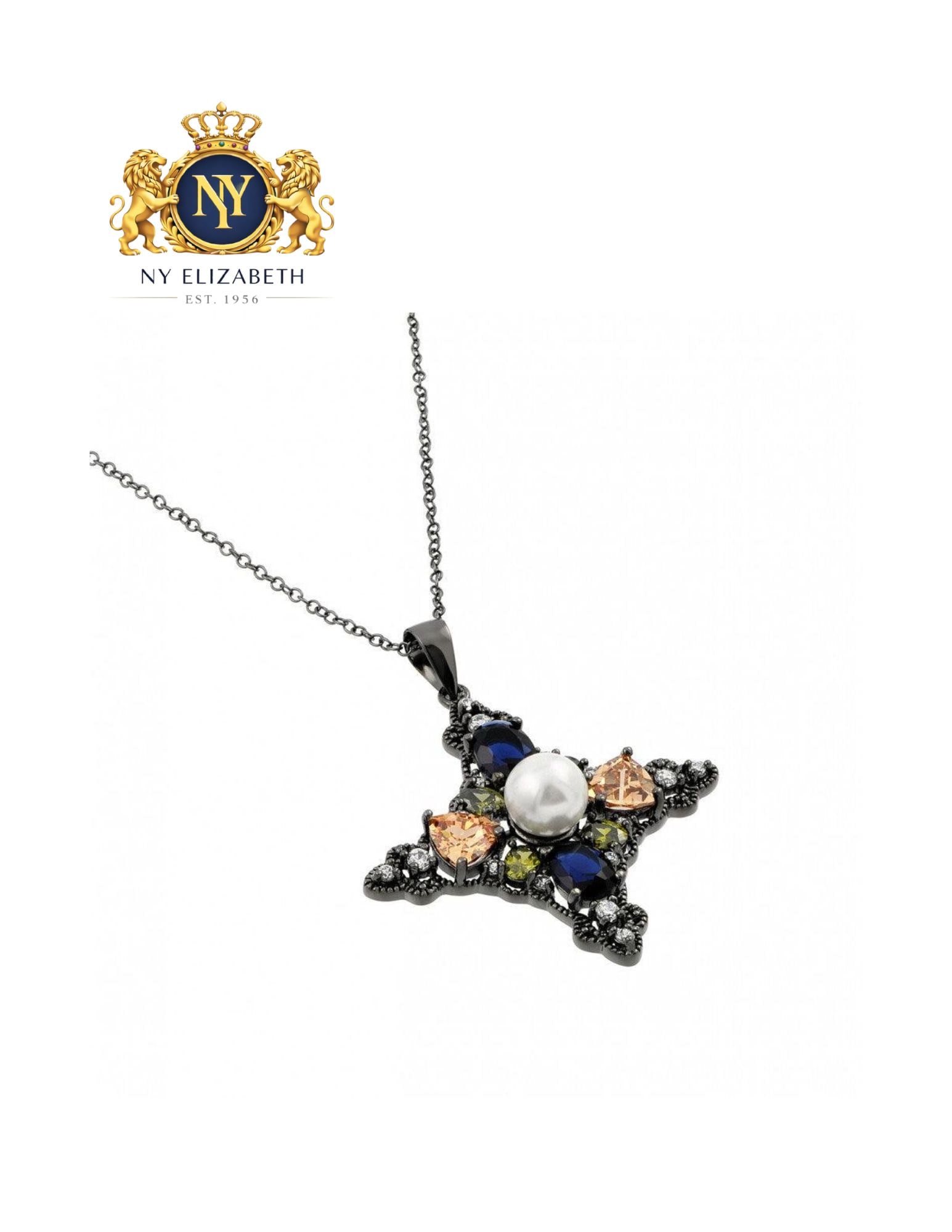 SILVER 925 BLACK RHODIUM PLATED MULTI-COLOR PENDANT NECKLACE: Silver 925 Black Rhodium Plated Multi-Color CZ Pendant Necklace Metal: 925 Sterling Silver Plating: Nickel Free Black Rodium Plated Stone: Synthetic Pearl and Cubic Zirconia Stones Dimensions: 33mm x 
