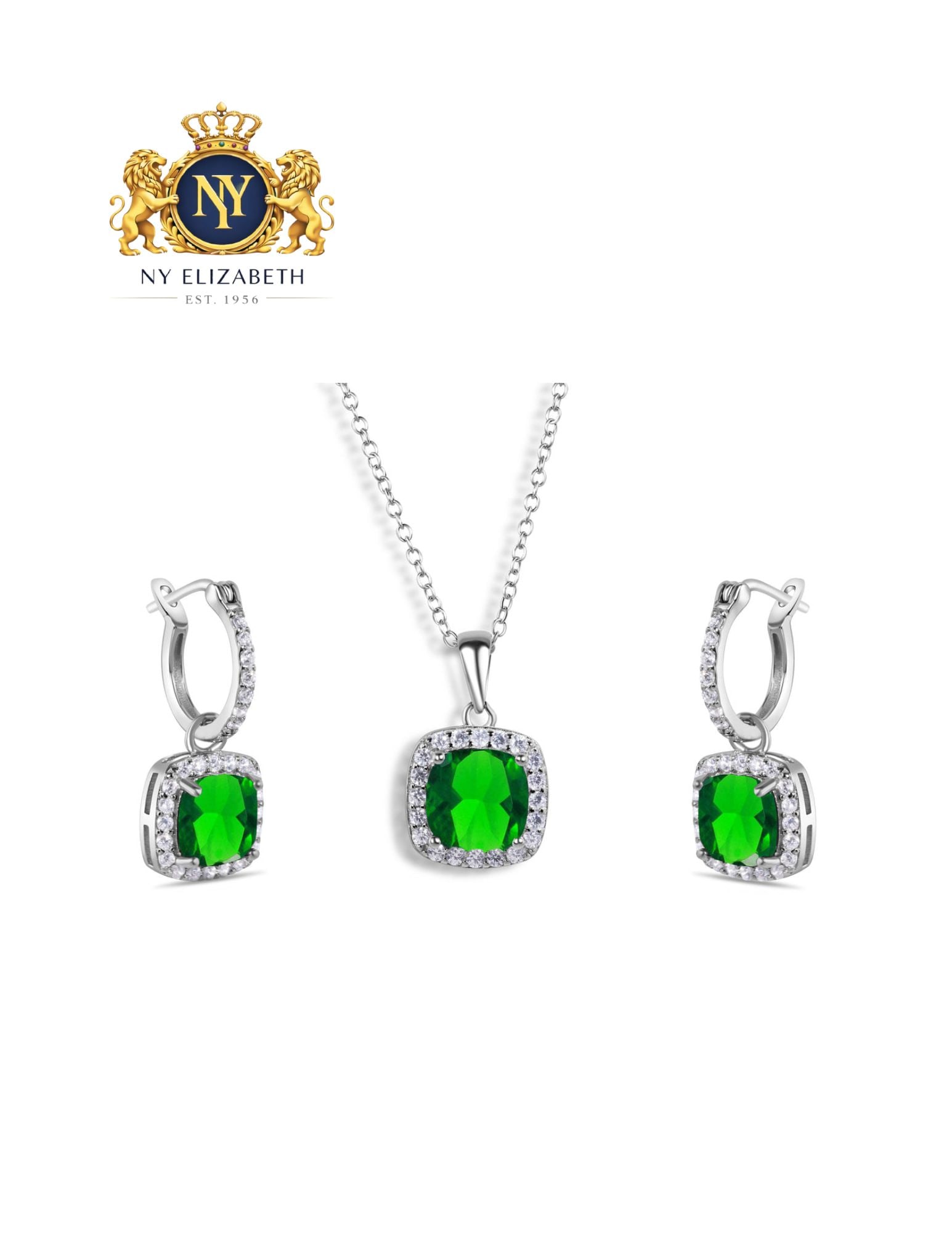 RHODIUM PLATED 925 STERLING SILVER GREEN AND CLEAR SET: Rhodium Plated 925 Sterling Silver Green and Clear CZ Set Metal: 925 Sterling Silver Plating: Rhodium Plated Stone: Green and clear CZ stones Dimensions: Earrings-9.6mm / Hoop: 12mmPendant-11mm