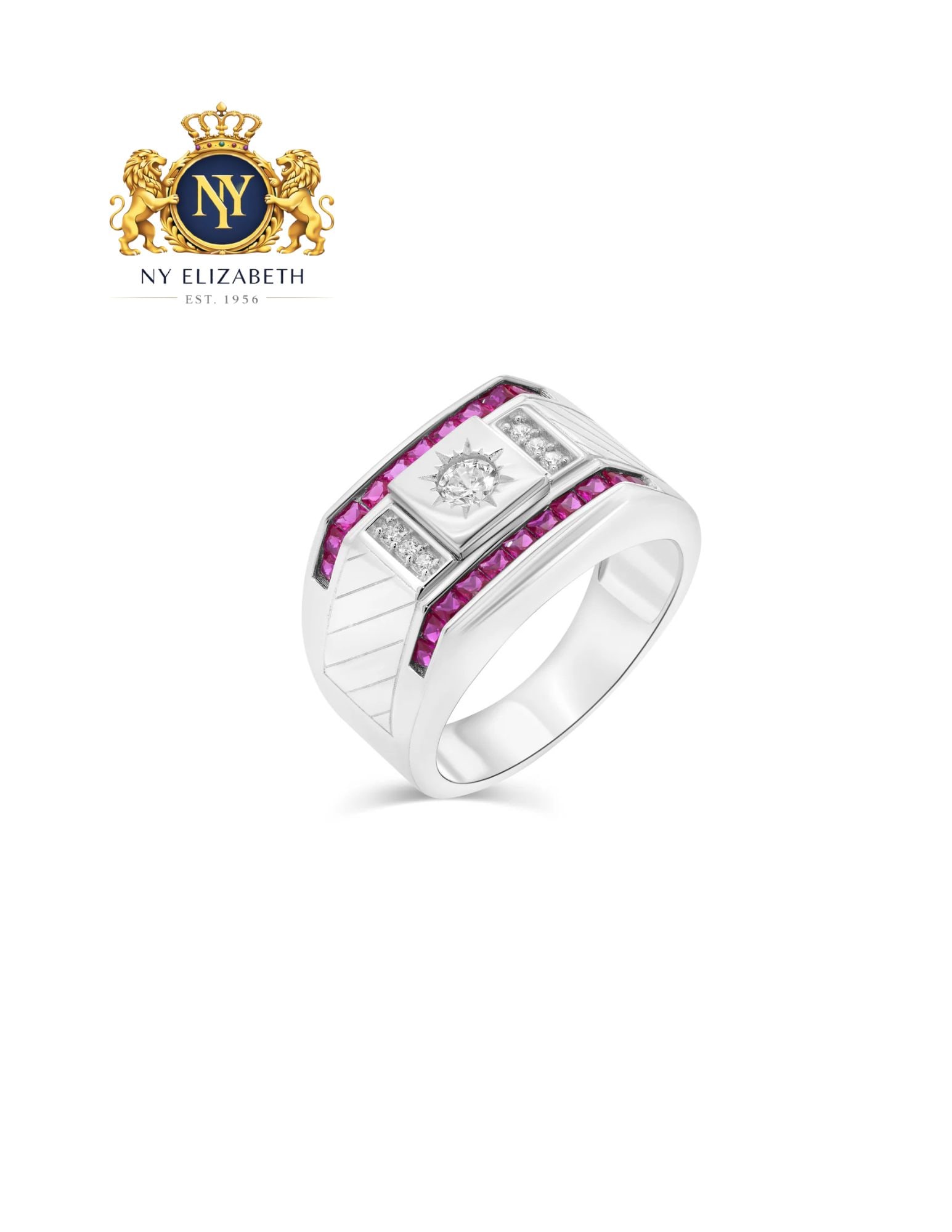 RHODIUM PLATED 925 STERLING SILVER MEN'S RUBY AND CLEAR RING (1 of 4)
