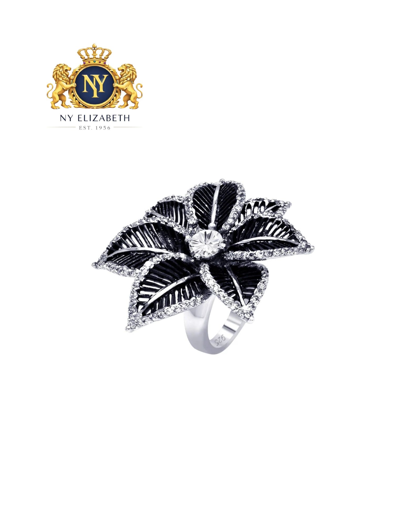 SILVER 925 RHODIUM AND BLACK RHODIUM PLATED 2 TONED CLEAR CENTER SPINY PETAL FLOWER RING: Silver 925 Rhodium and Black Rhodium Plated 2 Toned Clear Center CZ Spiny Petal Flower Ring Metal: 929 Sterling Silver Plating: Nickel Free Rhodium Plated Stone: CZ Stone Ring Size:: 9 US Accessories: