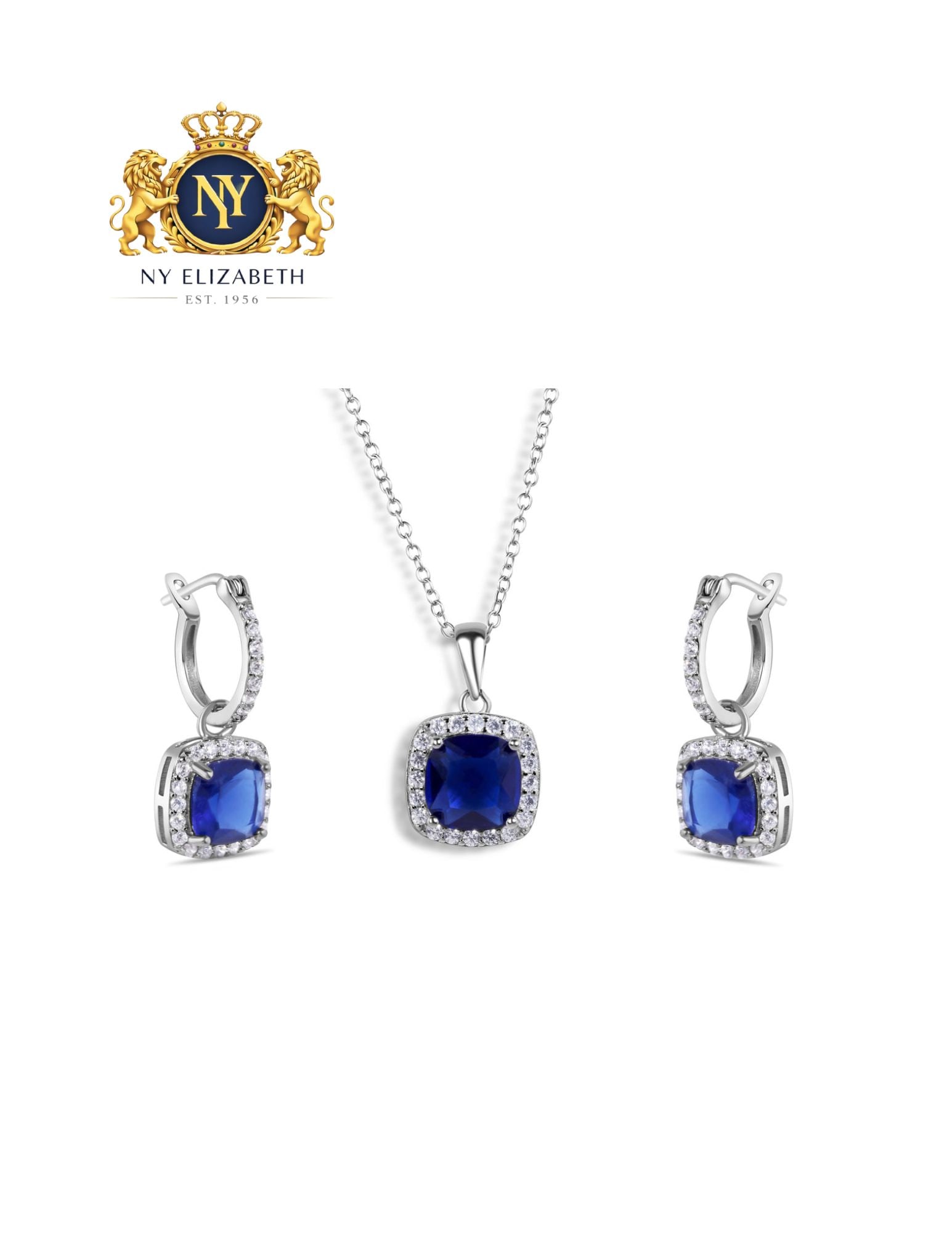 RHODIUM PLATED 925 STERLING SILVER BLUE AND CLEAR SET: Rhodium Plated 925 Sterling Silver Blue and Clear CZ Set Metal: 925 Sterling Silver Plating: Rhodium Plated Stone: Blue and Clear CZ Stones Dimensions: Earrings-9.6mm / Hoop: 12mmPendant-11mm Length: 