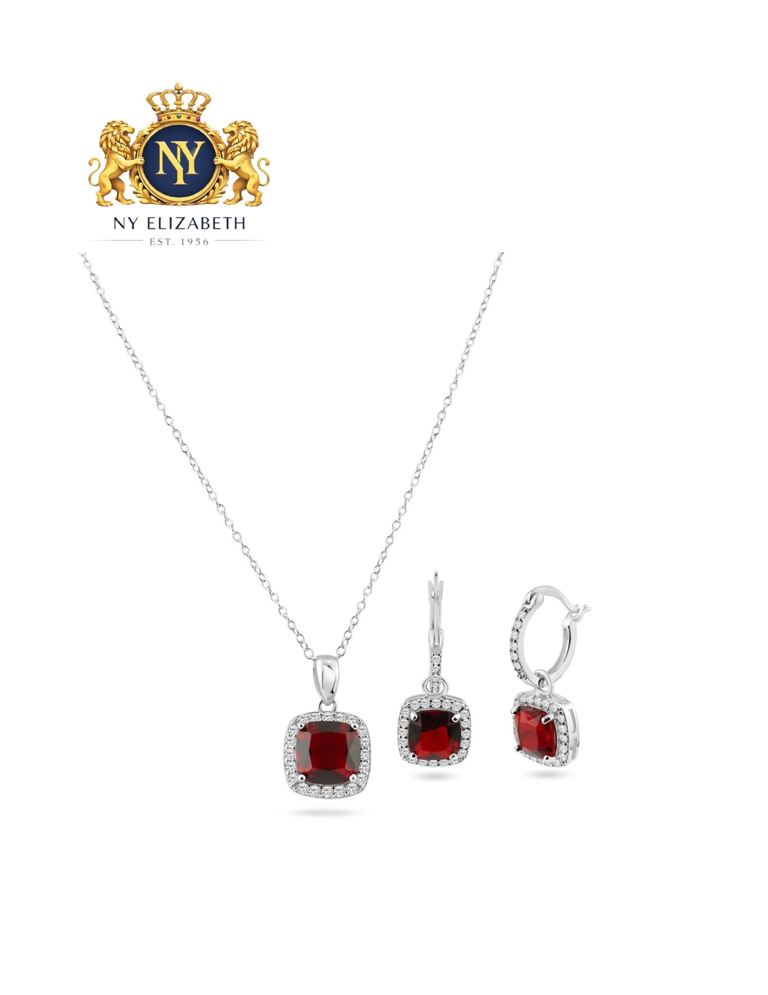 RHODIUM PLATED 925 STERLING SILVER RED AND CLEAR SET: Rhodium Plated 925 Sterling Silver Red and Clear CZ Set Metal: 925 Sterling Silver Plating: Rhodium Plated Stone: Red and Clear CZ Stones Dimensions: Earrings-9.6mm / Hoop: 12mmPendant-11mm Length: 16