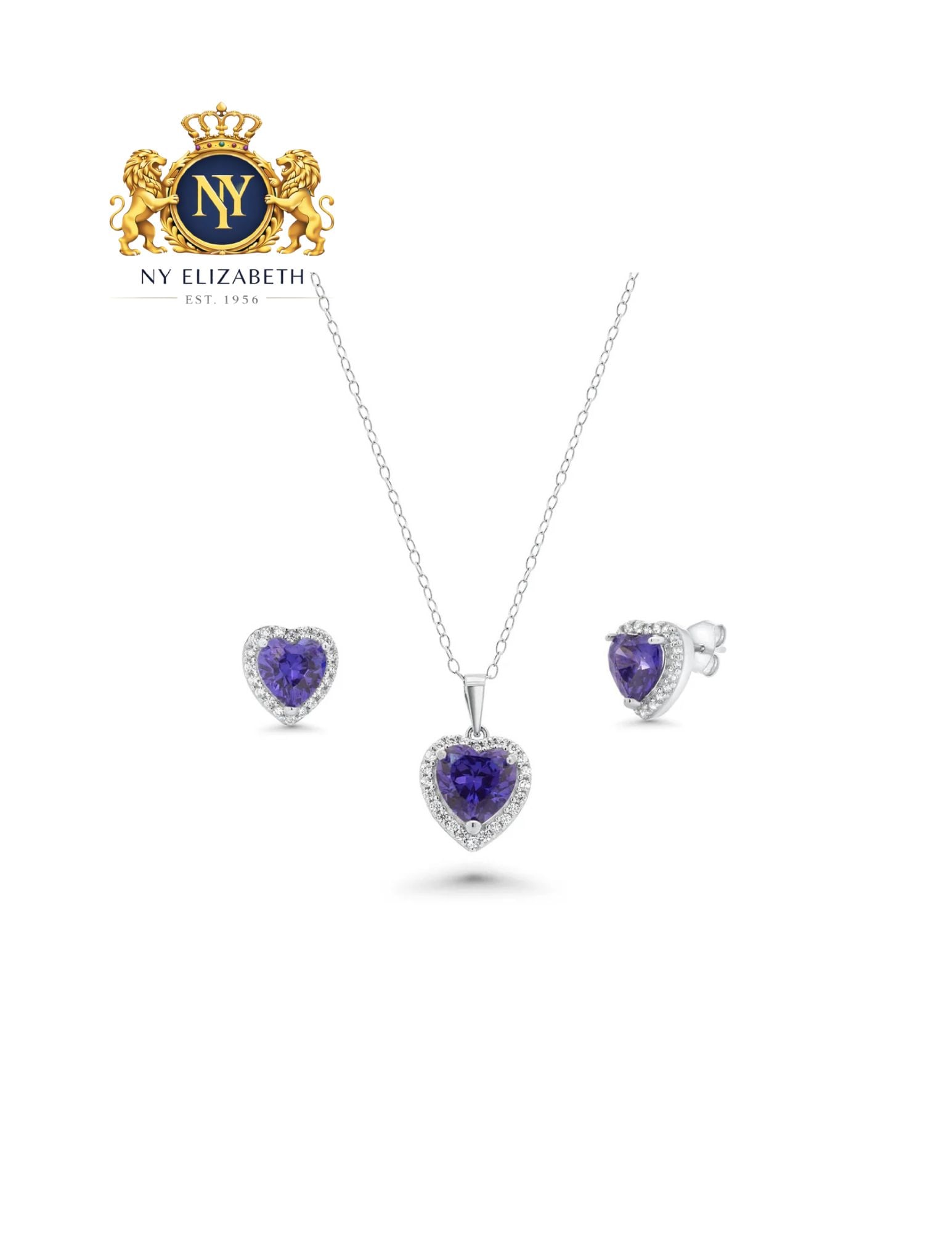 SILVER 925 RHODIUM PLATED BLUE HEART EARRING AND NECKLACE SET: Silver 925 Rhodium Plated Blue Heart CZ Earring and Necklace Set Metal: 925 Sterling Silver Plating: Nickel Free Rhodium Plated Stone: Blue Cubic Zirconia Dimensions: Pendant: 12.7mm x 11mm, Earrings: