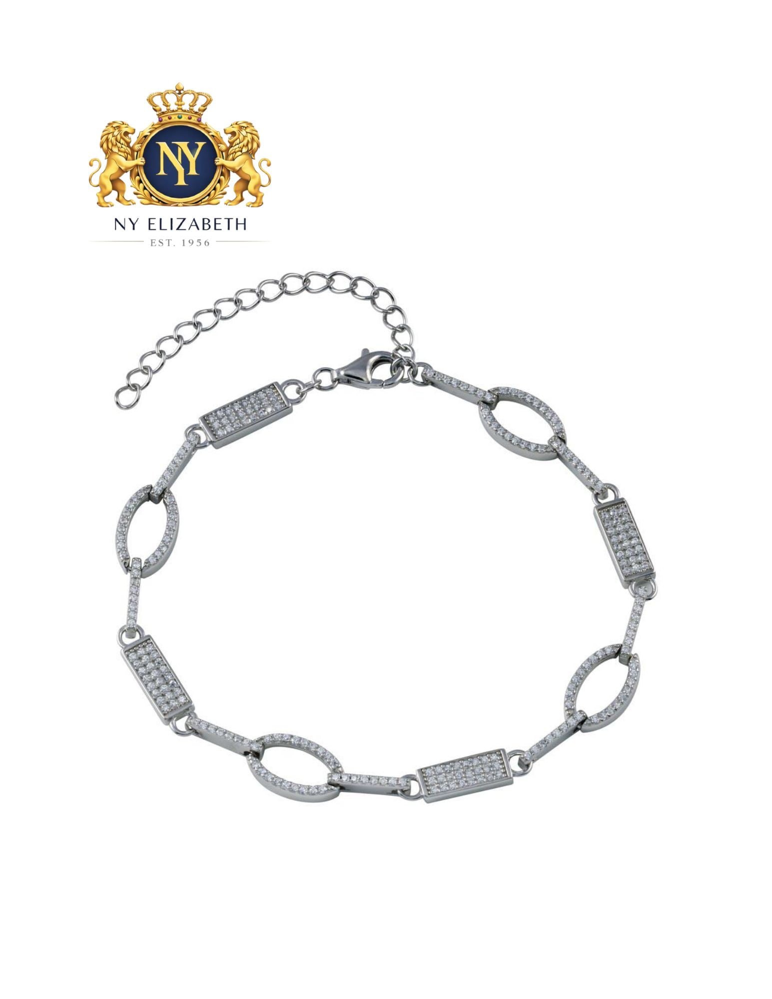 RHODIUM PLATED 925 STERLING SILVER OVAL BRACELET: Rhodium Plated 925 Sterling Silver Oval CZ Bracelet Metal: 925 Sterling Silver Plating: Nickel Free Rhodium Plated Stone: Cubic Zirconia Stones Length: 9 Inches Adjustable Accessories: None Notice: