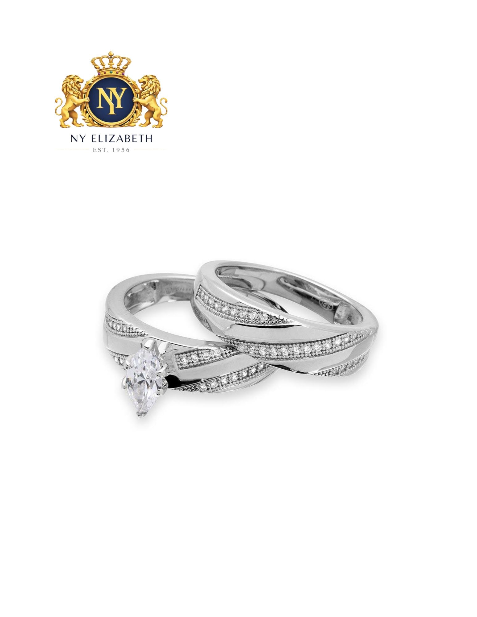 SILVER 925 RHODIUM PLATED MARQUISE CENTER TRIO BRIDAL RING: Silver 925 Rhodium Plated Marquise Center Trio Bridal Ring Metal: 925 Sterling Silver Plating: Nickel Free Rhodium Plated Stone: 1 clear 4mm x 8mm Marquise CZ and 56 clear 1mm Round CZ Ring Size:: 9 U