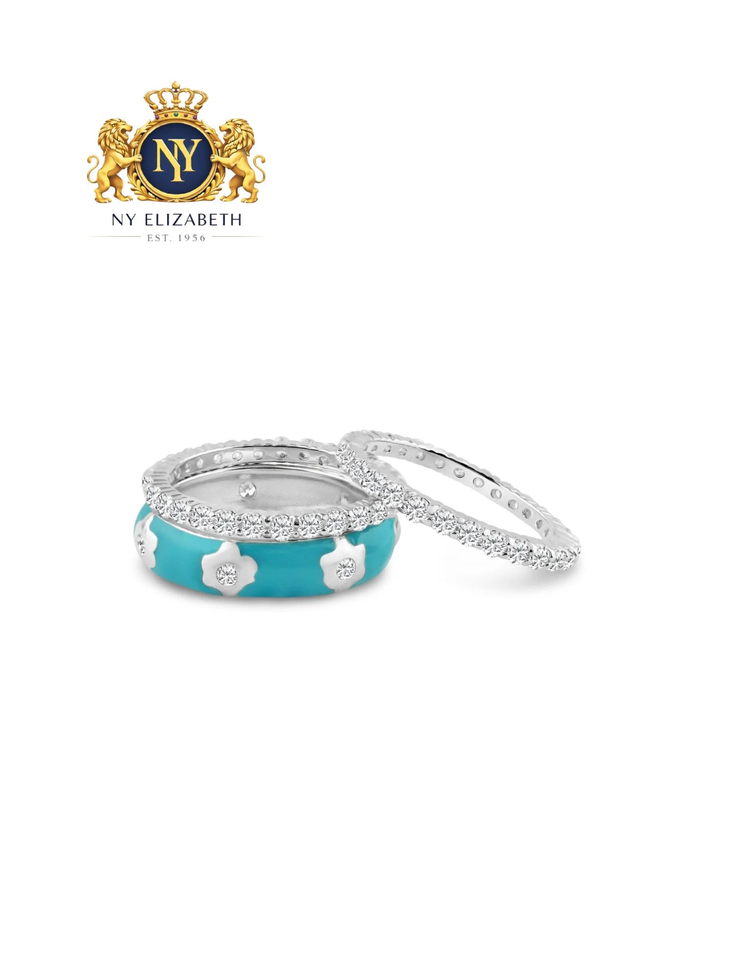 SILVER 925 RHODIUM PLATED BLUE FLOWER RING SET: Silver 925 Rhodium Plated Blue CZ Flower Ring Set Metal: 925 Sterling Silver Plating: Nickel Free Rhodium Plated Turquoise Enamel Stone: Clear CZ Stones Ring Size:: 8 US Accessories: None Notice: W