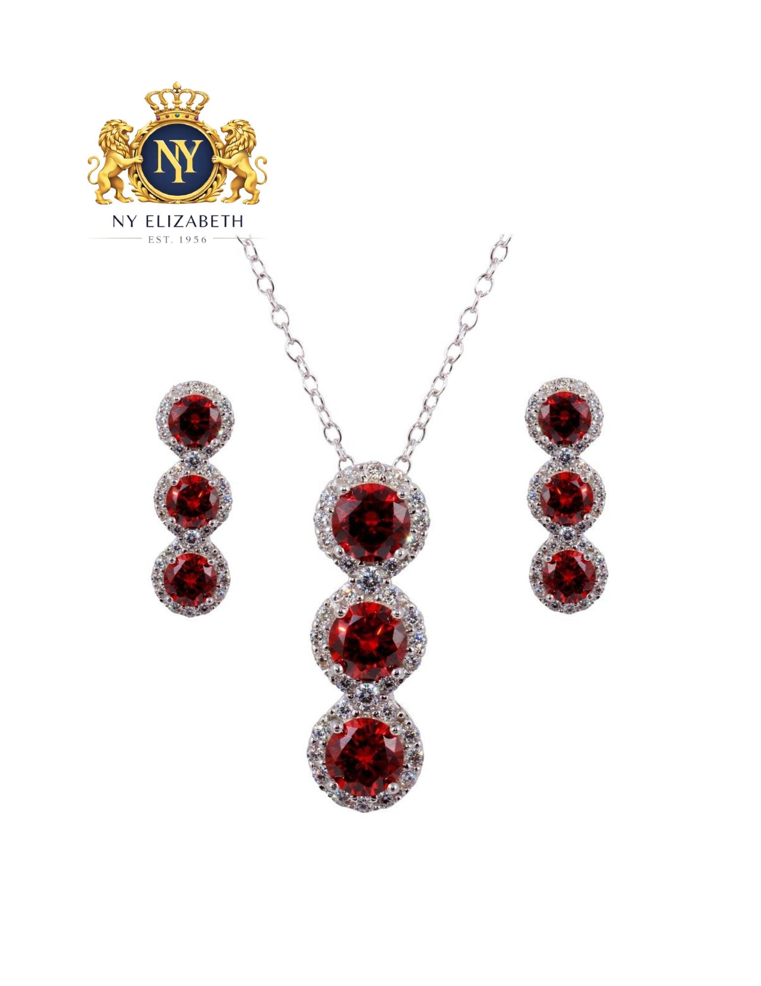 RHODIUM PLATED 925 STERLING SILVER 3 RED STONE EARRING AND NECKLACE SET: Rhodium Plated 925 Sterling Silver 3 Red Stone CZ Earring and Necklace Set Metal: 925 Sterling Silver Plating: Nickel Free Rhodium Plated Dimensions: Pendant Dimensions: 7.7mm x 22.6mm, Earring Dimens