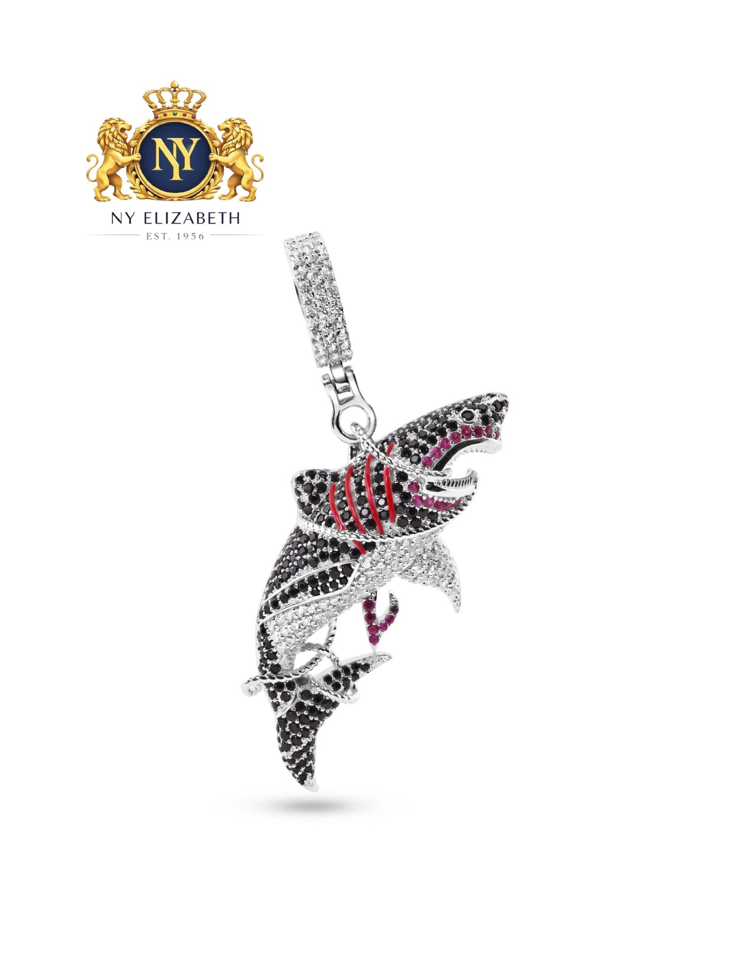 RHODIUM PLATED 925 STERLING SILVER BLACK RED AND CLEAR PENDANT: Rhodium Plated 925 Sterling Silver Black Red and Clear CZ Pendant Metal: Plating: Rhodium Plated Stone: Clear Red and Black CZ Stones Dimensions: 47mm x 23mm Length: None Accessories: None