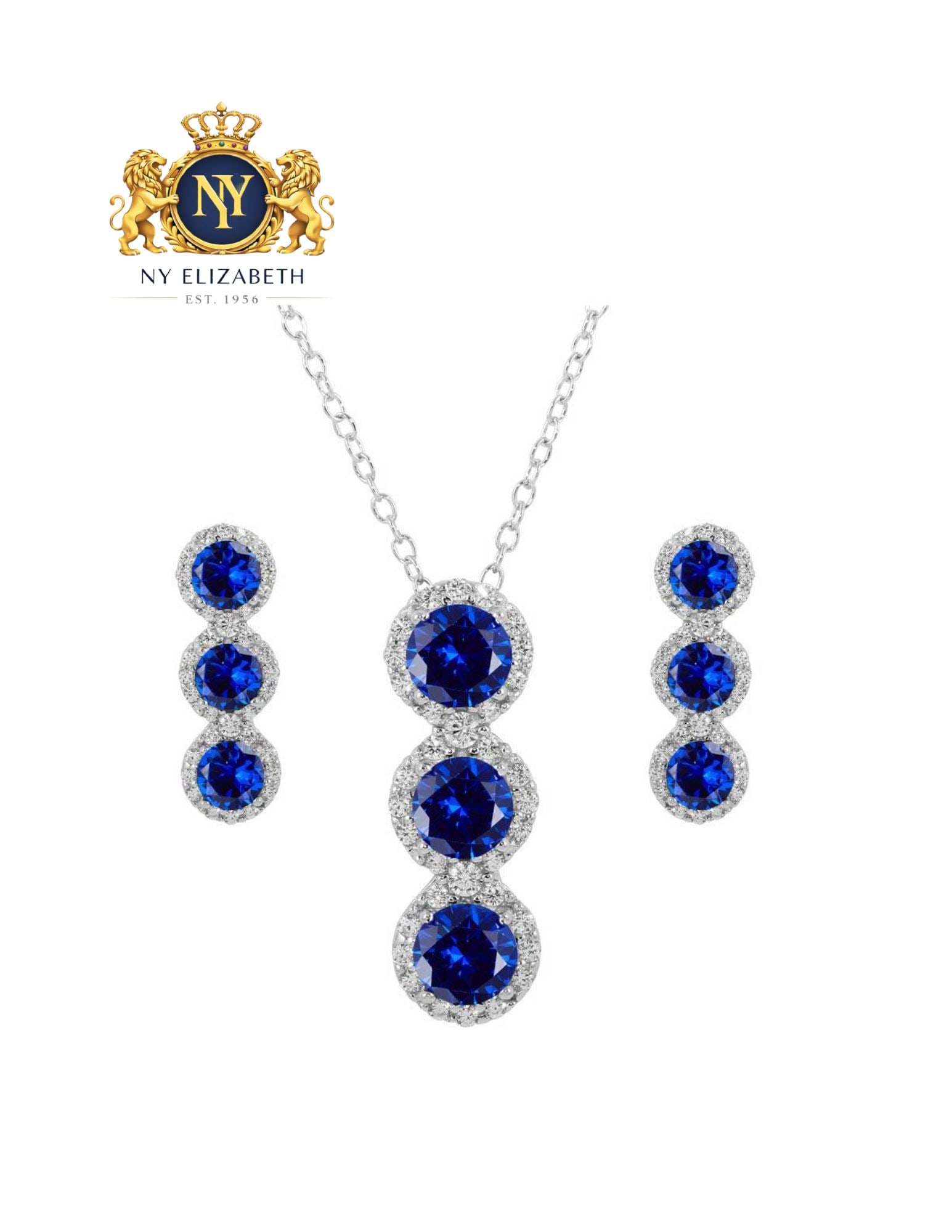 RHODIUM PLATED 925 STERLING SILVER 3 BLUE STONE EARRING AND NECKLACE SET: Rhodium Plated 925 Sterling Silver 3 Blue Stone CZ Earring and Necklace Set Metal: 925 Sterling Silver Plating: Nickel Free Rhodium Plated Dimensions: Earring Dimensions: 6.9mm x 19.9mm, Pendant Dimen