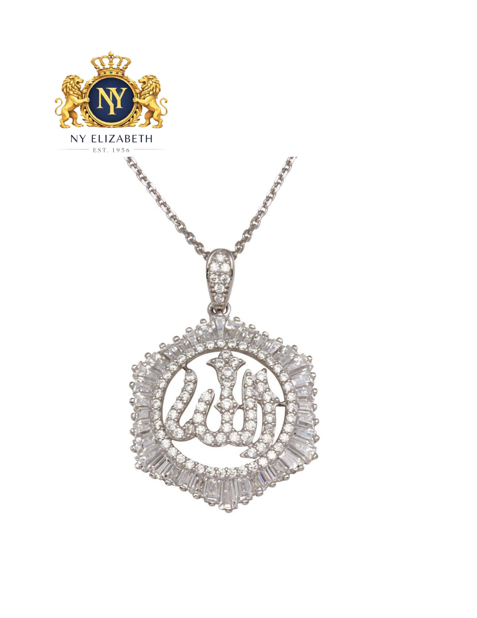 RHODIUM PLATED 925 STERLING SILVER ALLAH NECKLACE WITH CZ: Rhodium Plated 925 Sterling Silver Allah Necklace with CZ Metal: 925 Sterling Silver Plating: Nickel Free Rhodium Plated Stone: Cubic Zirconia Stones Dimensions: N/A Length: 16 + 2 Inches Extension