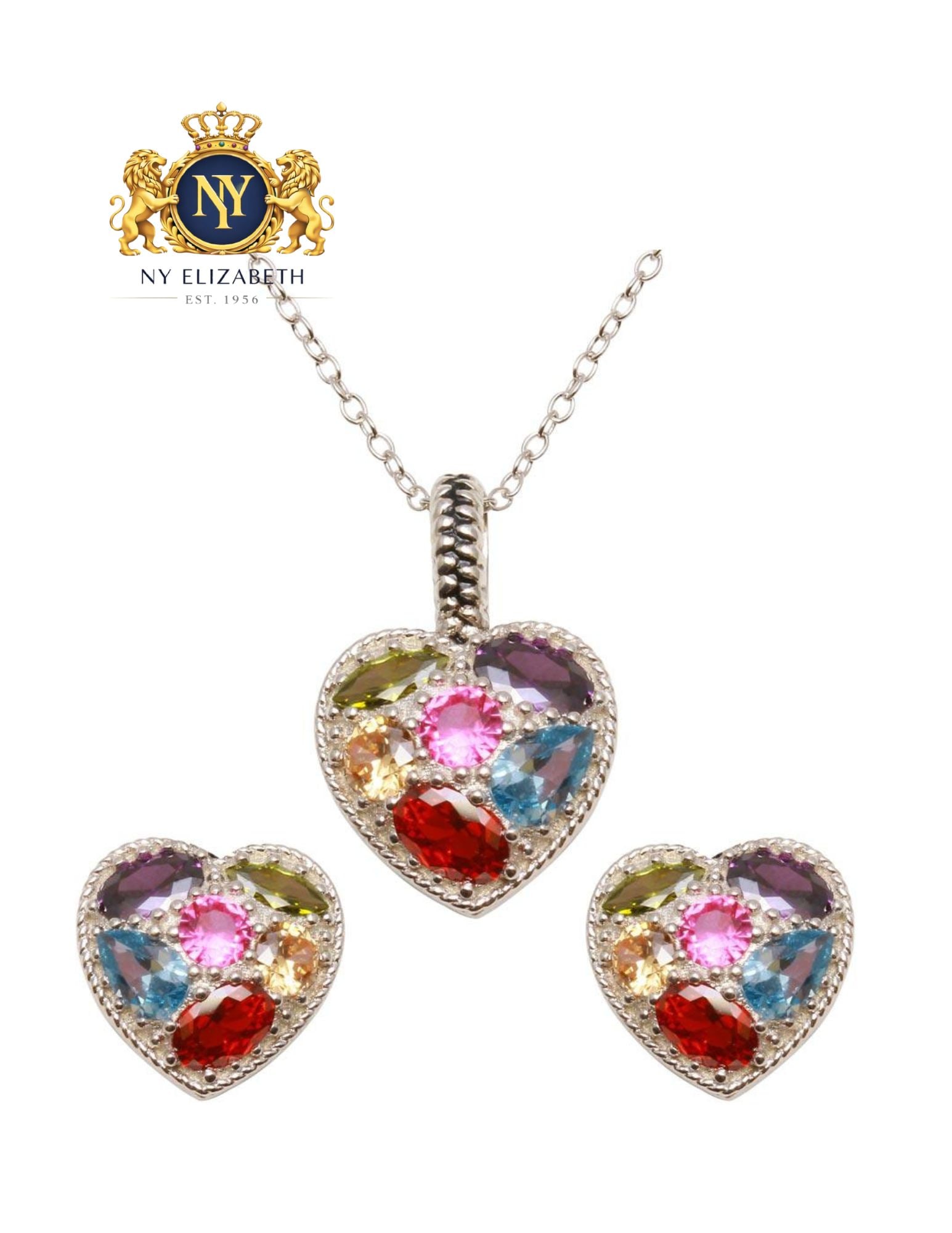 RHODIUM PLATED 925 STERLING SILVER MULTI-COLORED PENDANT NECKLACE AND EARRINGS SET: Rhodium Plated 925 Sterling Silver Multi-colored CZ Pendant Necklace and Earrings Set Metal: 925 Sterling Silver Plating: Nickel Free Rhodium Plated Stone: Cubic Zirconia Stones Length: 16 + 2 Inches 