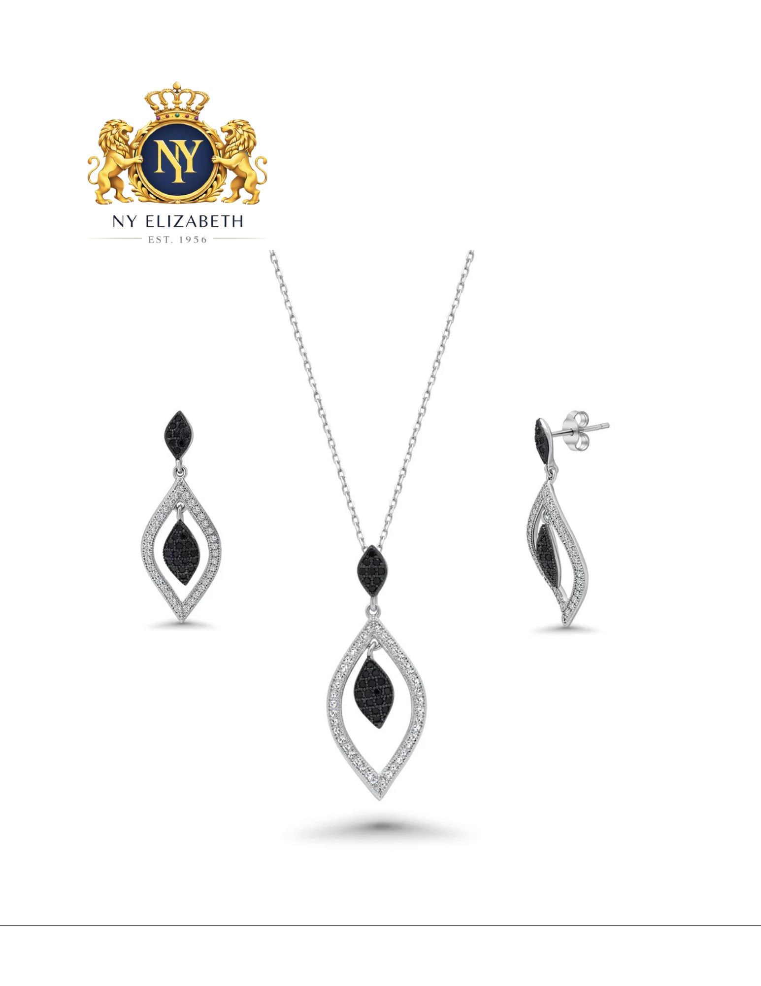 RHODIUM PLATED 925 STERLING SILVER BLACK AND CLEAR SET: Rhodium Plated 925 Sterling Silver Black and Clear CZ Set Metal: 925 Sterling Silver Plating: Nickel Free Rhodium Plated Stone: Black & Clear Cubic Zirconia Dimensions: Pendant: 32.7mm x 13.5, Earring