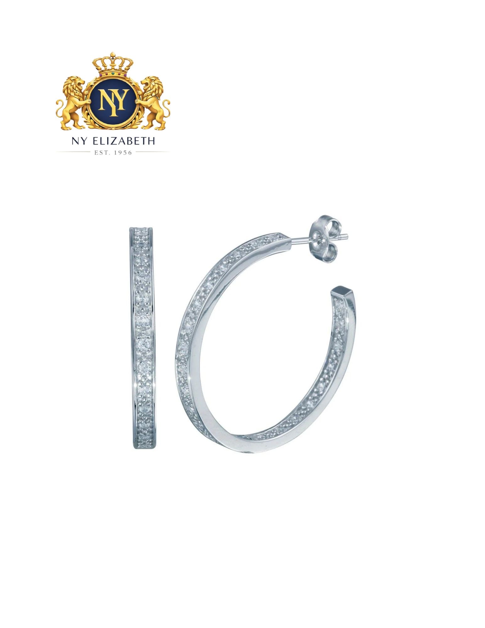 RHODIUM PLATED 925 STERLING SILVER ROUND HOOP EARRING: Rhodium Plated 925 Sterling Silver Round CZ Hoop Earring Metal: 925 Sterling Silver Plating: Nickel Free Rhodium Plated Stone: Clear CZ Stones Dimensions: 29mm x 29mm Length: None Accessories: Non