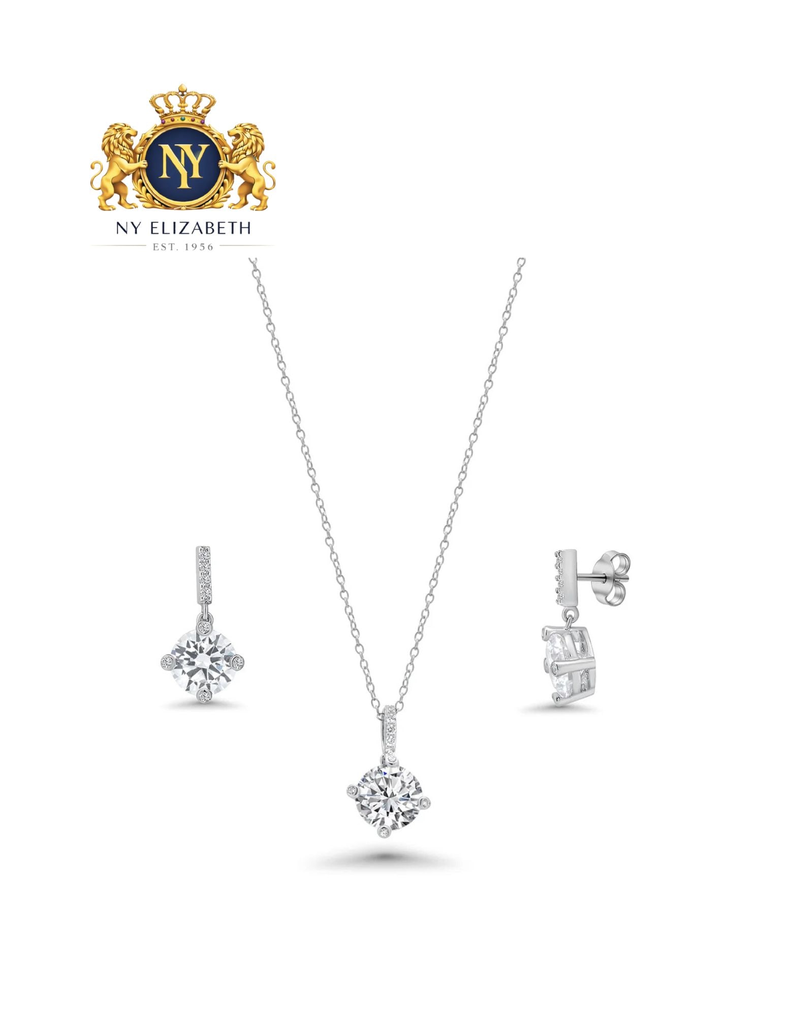 RHODIUM PLATED 925 STERLING SILVER EARRING AND NECKLACE SET: Rhodium Plated 925 Sterling Silver CZ Earring and Necklace Set Metal: 925 Sterling Silver Plating: Nickel Free Rhodium Plated Stone: Clear Cubic Zirconia Dimensions: Pendant:18.5mm x 10.4mm, Earrings: