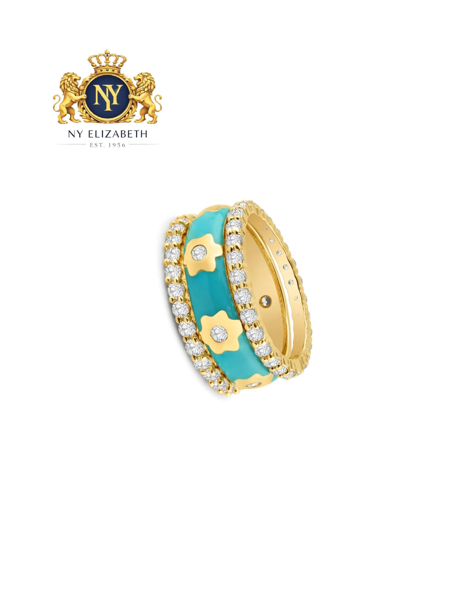 SILVER 925 GOLD PLATED BLUE ENAMEL FLOWER STACKABLE RING SET - 3