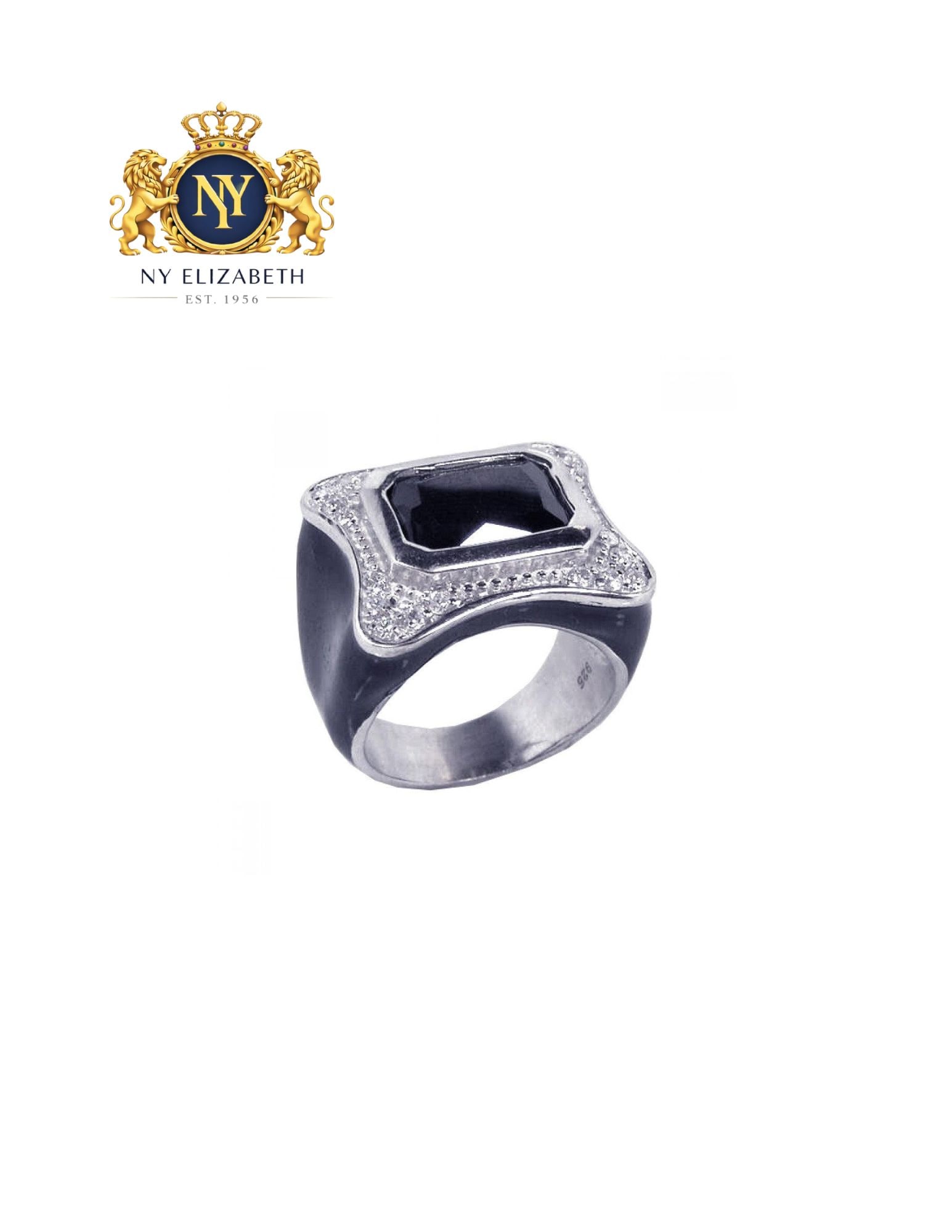 CLEARANCE-SILVER 925 RHODIUM PLATED BLACK ENAMEL CLEAR: Clearance-Silver 925 Rhodium Plated Black Enamel CZ Clear Metal: 925 Sterling Silver Plating: Nickel Free Rhodium Plated with Black Enamel Stone: Clear CZ Stones Ring Size:: 6 US Accessories: None