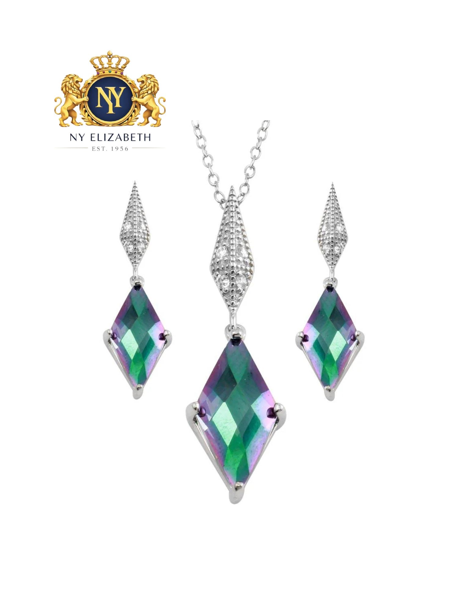RHODIUM PLATED 925 STERLING SILVER DIAMOND SHAPE TOPAZ SET: Rhodium Plated 925 Sterling Silver Diamond Shape Topaz CZ Set Metal: 925 Sterling Silver Plating: Nickel Free Rhodium Plated Stone: 12 Cubic Zirconia Stones / 3 Synthetic Mystic Topaz Dimensions: