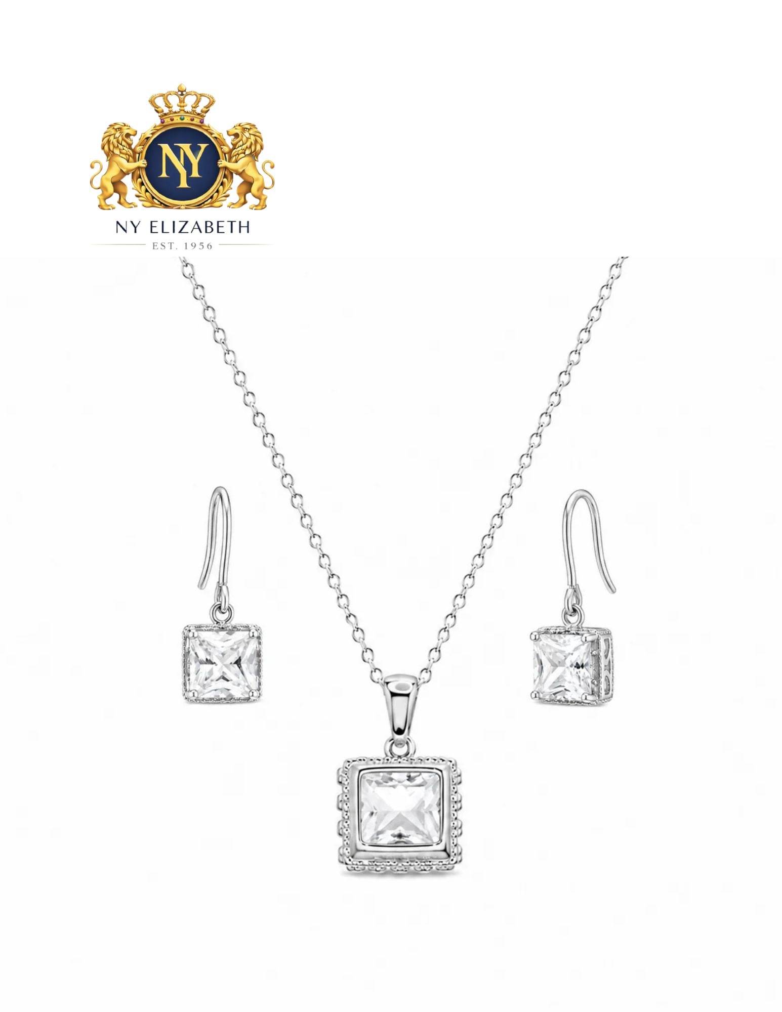 SILVER 925 RHODIUM PLATED SQUARE PINK HOOK SET: Silver 925 Rhodium Plated Square Pink CZ Hook Set Metal: 925 Sterling Silver Plating: Nickel Free Rhodium Plated Stone: Clear Cubic Zirconia Stones Dimensions: Pendant: 9.5mm, Earrings: 8mm Length: