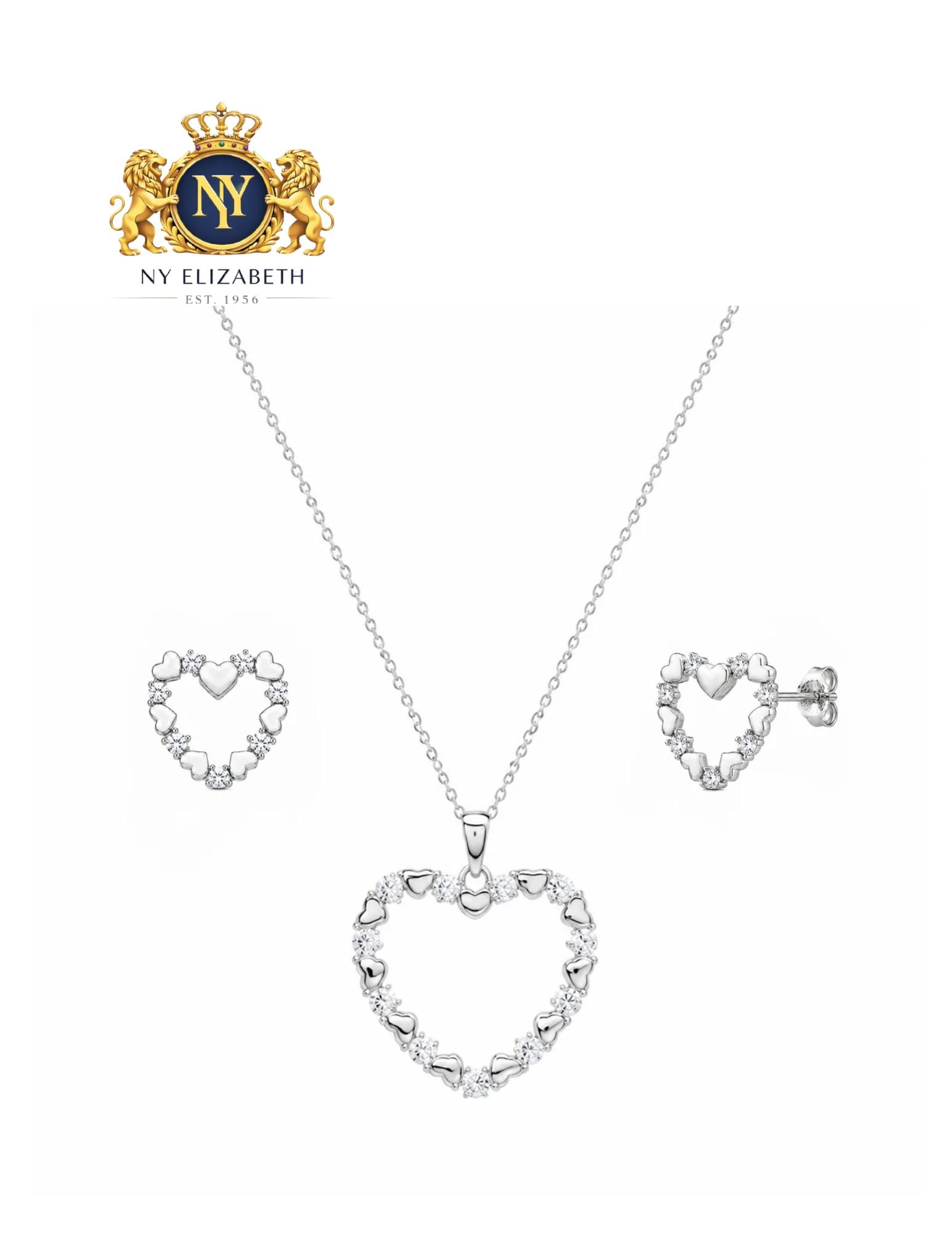 SILVER 925 RHODIUM PLATED OPEN HEART EARRING AND NECKLACE SET: Silver 925 Rhodium Plated Open Heart CZ Earring and Necklace Set Metal: 925 Sterling Silver Plating: Nickel Free Rhodium Plated Stone: Clear Cubic Zirconia Stones Dimensions: Pendant: 22.4mm x 22mm,