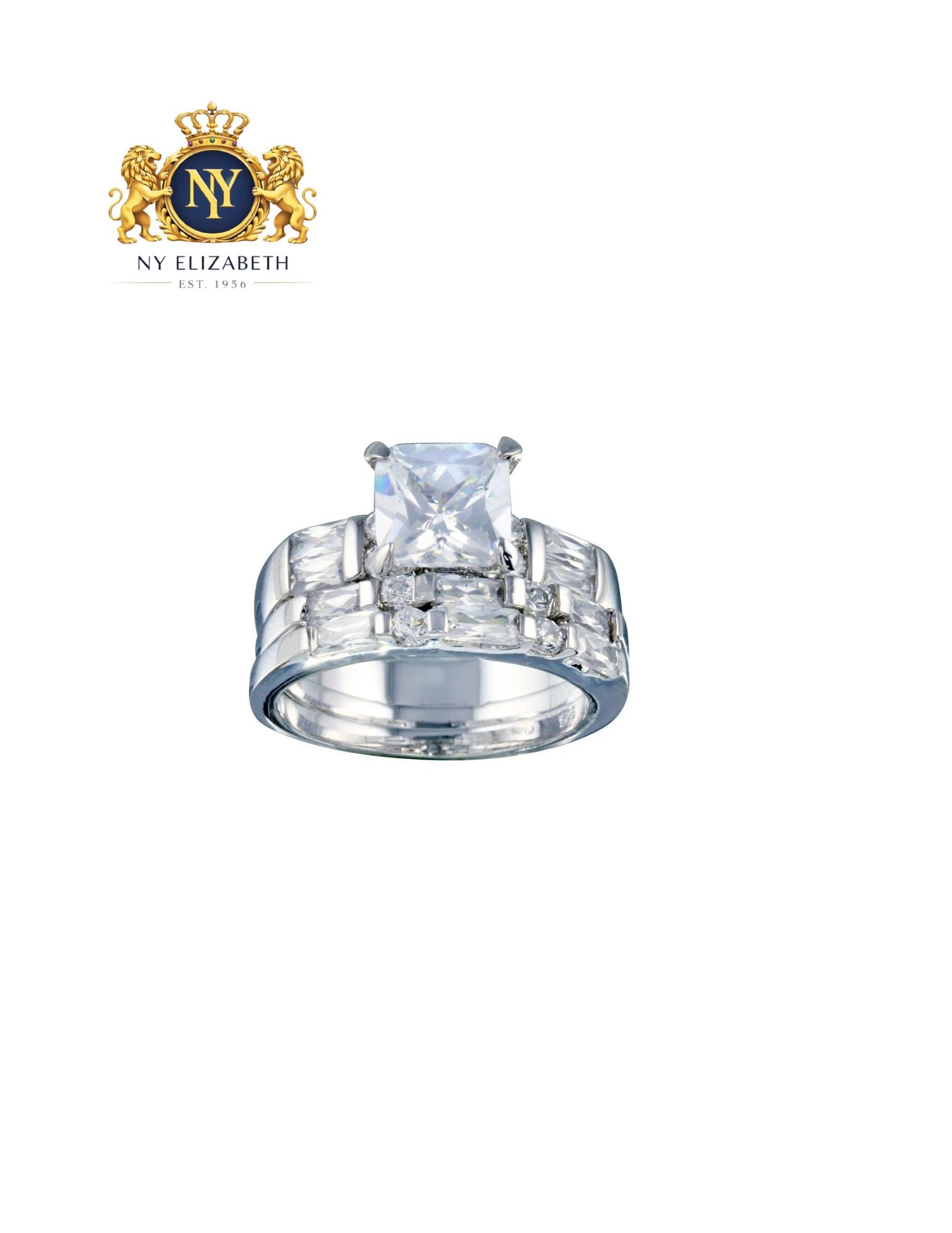 RHODIUM PLATED 925 STERLING SILVER CLEAR CENTER RING SET: Rhodium Plated 925 Sterling Silver Clear Center CZ Ring Set Metal: 925 Sterling Silver Plating: Nickel Free Rhodium Plated Stone: Clear Baguette Round Square Center CZ Ring Size:: 6 US Accessories: No