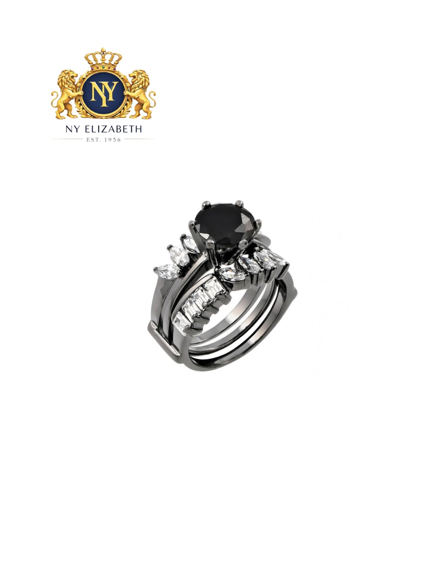 SILVER 925 BLACK RHODIUM PLATED BLACK CENTER RING: Silver 925 Black Rhodium Plated Black Center CZ Ring Metal: 925 Sterling Silver Plating: Nickel Free Black Rhodium Plated Stone: clear baguette and marquise CZs Ring Size:: 9 US Accessories: None