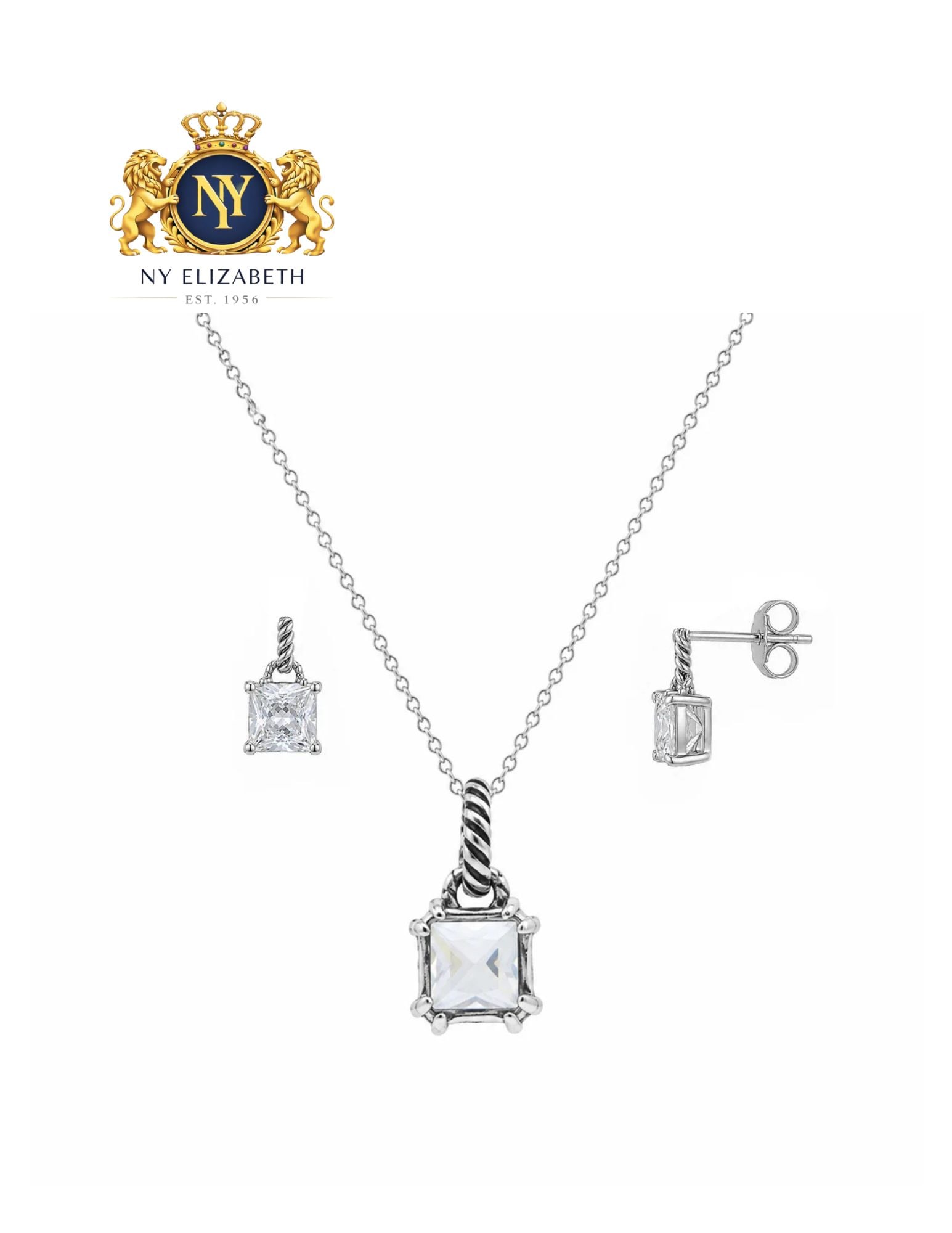SILVER 925 RHODIUM PLATED PRINCESS CUT STUD EARRING AND NECKLACE SET: Silver 925 Rhodium Plated Princess Cut CZ Stud Earring and Necklace Set Metal: 925 Sterling Silver Plating: Nickel Free Rhodium Plated Stone: Clear Cubic Zirconia Stones Dimensions: Pendant: 9.5mm ,
