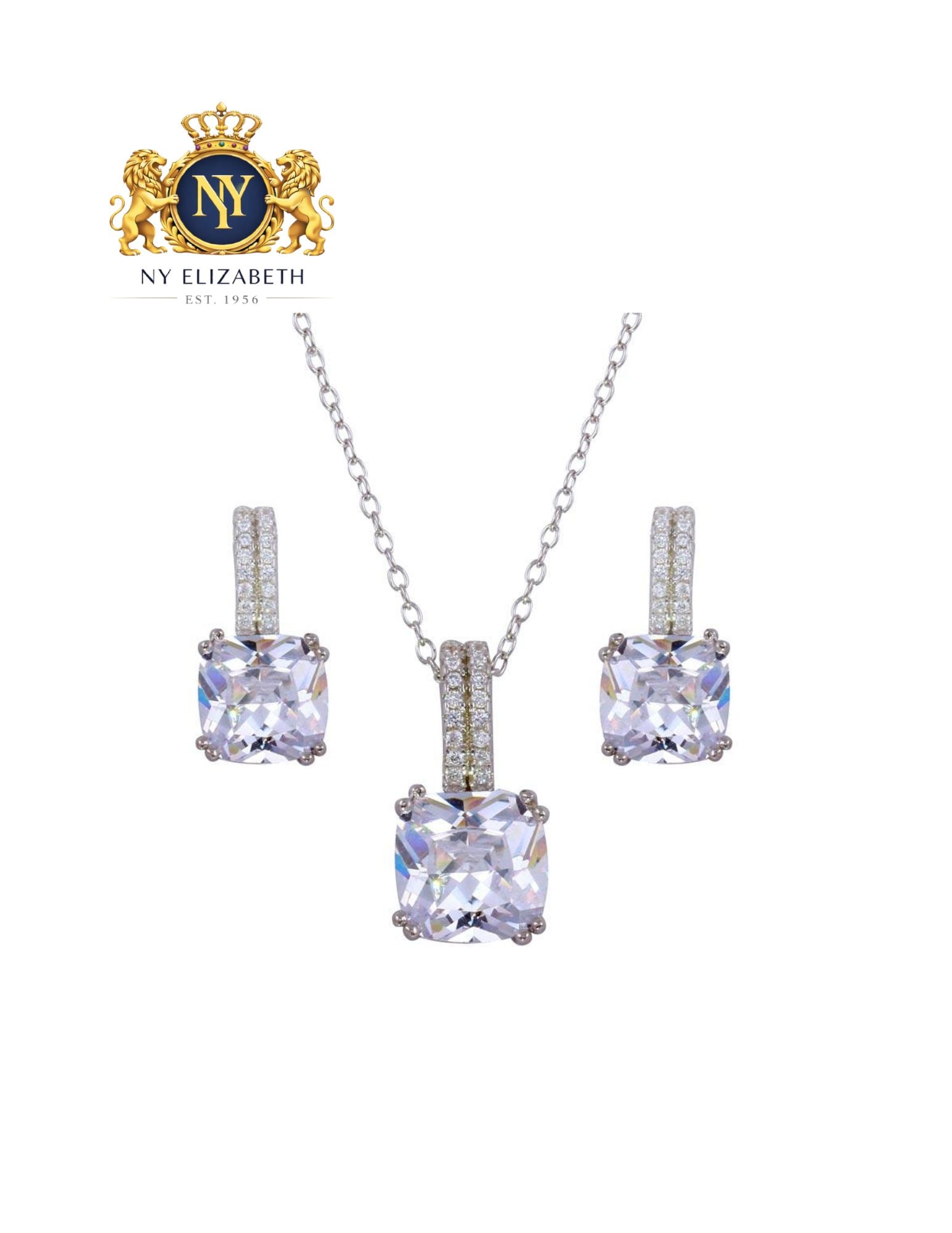 RHODIUM PLATED 925 STERLING SILVER SQUARE SET WITH CZ: Rhodium Plated 925 Sterling Silver Square Set with CZ Metal: 925 Sterling Silver Plating: Nickel Free Rhodium Plated Stone: Cubic Zirconia Stones Dimensions: Earring Dimensions: 8.4mm x 21.4mmPendant 