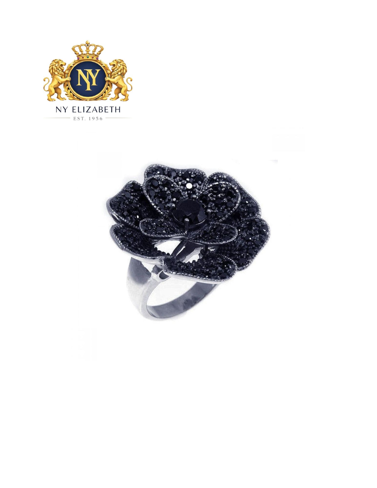 CLEARANCE-SILVER 925 RHODIUM AND BLACK RHODIUM PLATED FLOWER RING: Clearance-Silver 925 Rhodium and Black Rhodium Plated CZ Flower Ring Metal: 925 Sterling Silver Plating: Nickel Free Black Rhodium and Rhodium Plated Stone: CZ Stones Ring Size:: 6 US Accessories: Non