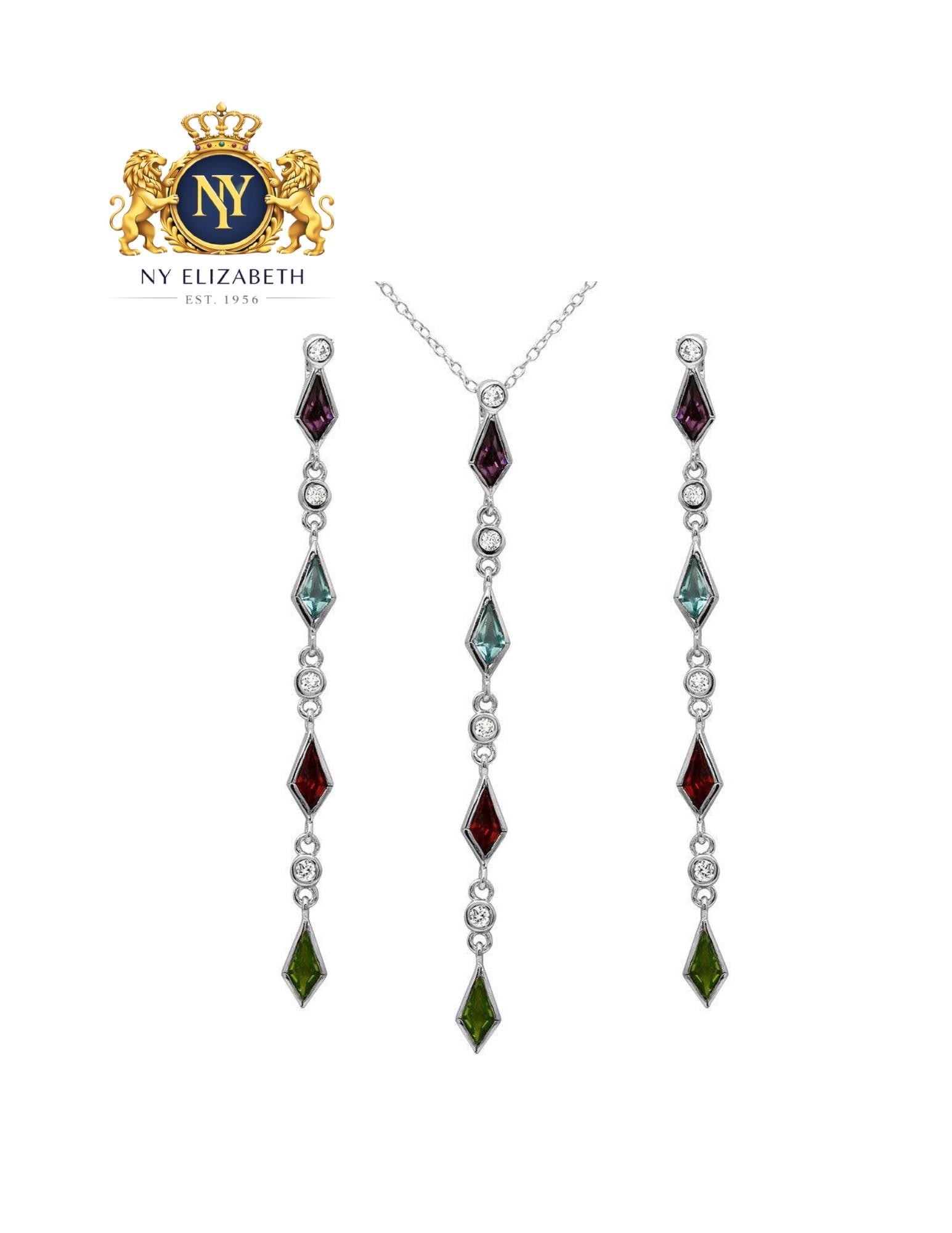 RHODIUM PLATED 925 STERLING SILVER MULTI COLOR DROP SET: Rhodium Plated 925 Sterling Silver Multi Color CZ Drop Set Metal: 925 Sterling Silver Plating: Nickel Free Rhodium Plated Stone: Cubic Zirconia Stones Dimensions: Earrings: 4mm x 71mm, Pendant: 4mm x 