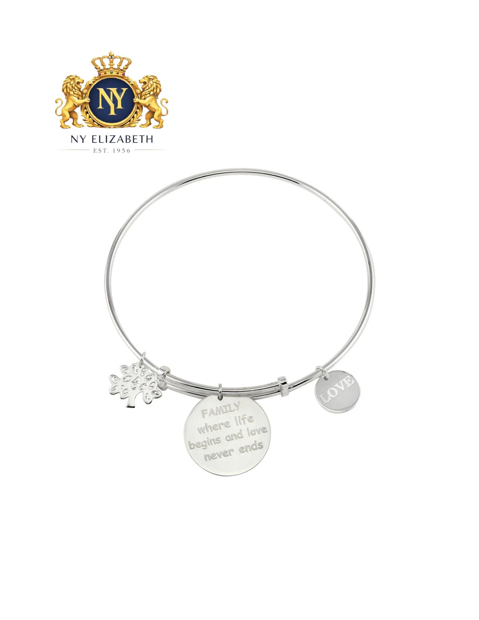 RHODIUM PLATED 925 STERLING SILVER FAMILY CHARMS ADJUSTABLE BANGLE: Rhodium Plated 925 Sterling Silver Family Charms Adjustable Bangle Metal: 925 Sterling Silver Plating: Nickel Free Rhodium Plated Length: Adjustable Accessories: None Notice: When purchasing pre-owned