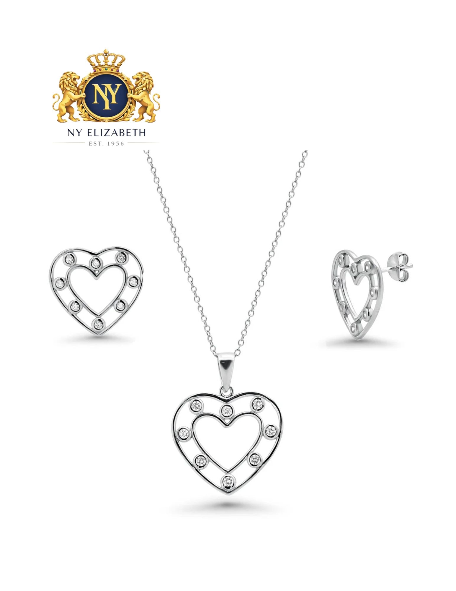 RHODIUM PLATED 925 STERLING SILVER CLEAR EARRING AND NECKLACE SET: Rhodium Plated 925 Sterling Silver Clear Earring and Necklace Set Metal: 925 Sterling Silver Plating: Nickel Free Rhodium Plated Stone: Clear Cubic Zirconia Dimensions: Pendant: 19.4mm x 21.3mm, Earri