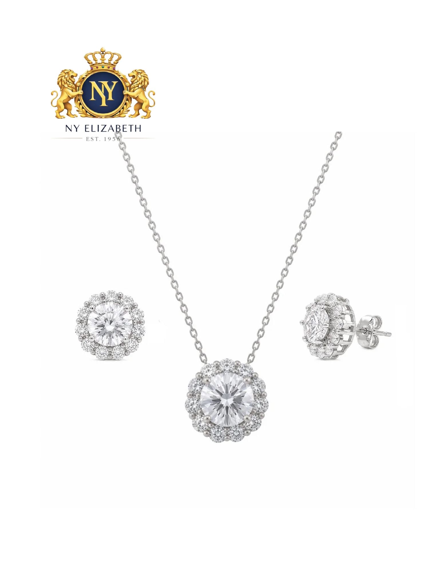 SILVER 925 RHODIUM PLATED ROUND STUD EARRING AND NECKLACE SET: Silver 925 Rhodium Plated Round CZ Stud Earring and Necklace Set Metal: 925 Sterling Silver Plating: Nickel Free Rhodium Plated Stone: Clear Cubic Zirconia Stones Dimensions: Pendant: 11.4mm, Earring1
