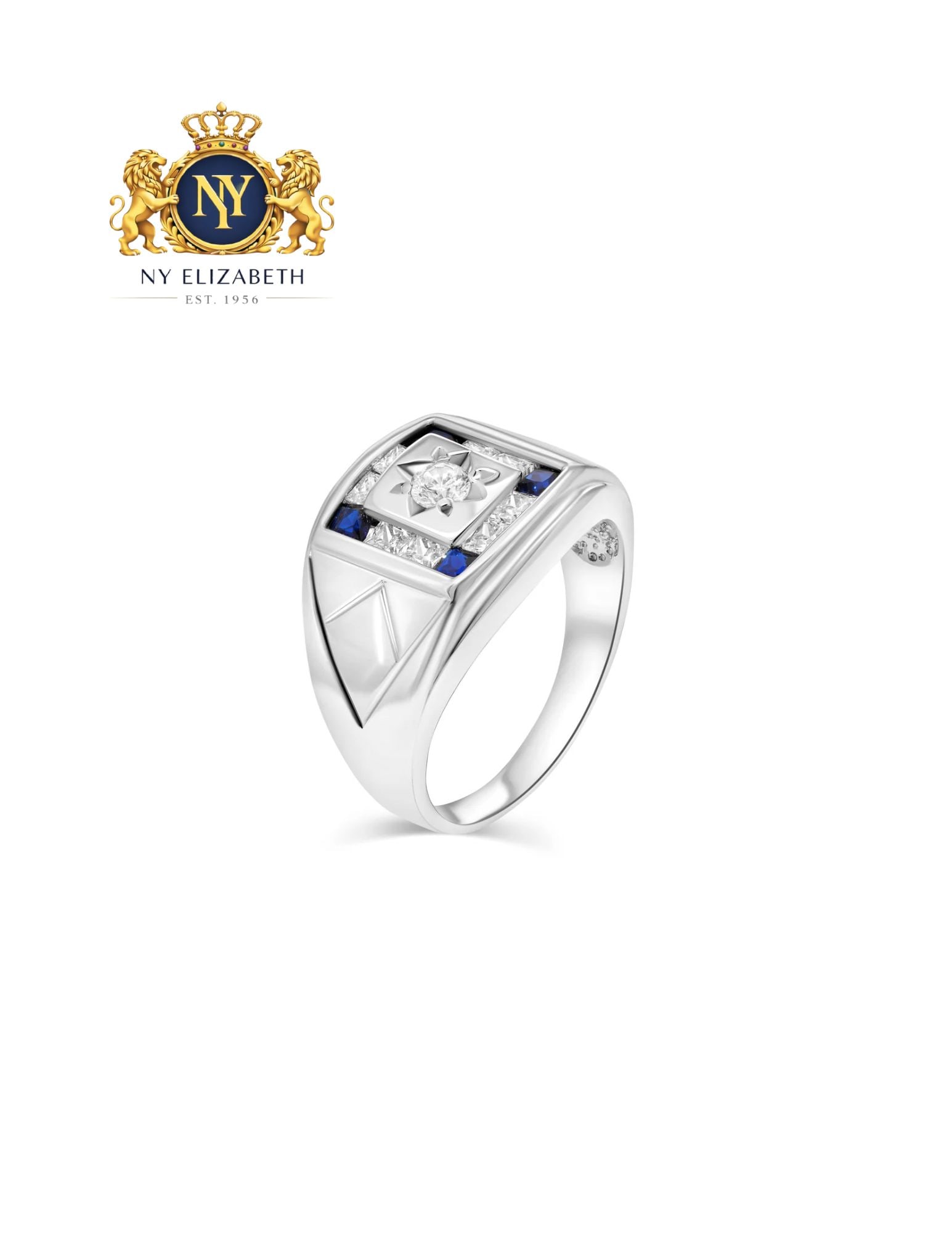 RHODIUM PLATED 925 STERLING SILVER MEN'S SAPPHIRE AND CLEAR RING: Rhodium Plated 925 Sterling Silver Men's Sapphire and Clear CZ Ring Metal: 925 Sterling Silver Plating: Nickel Free Rhodium Plated Stone: 4 Sapphire | 8 Square Clear | 1 Round Ring Size:: 11 US Access