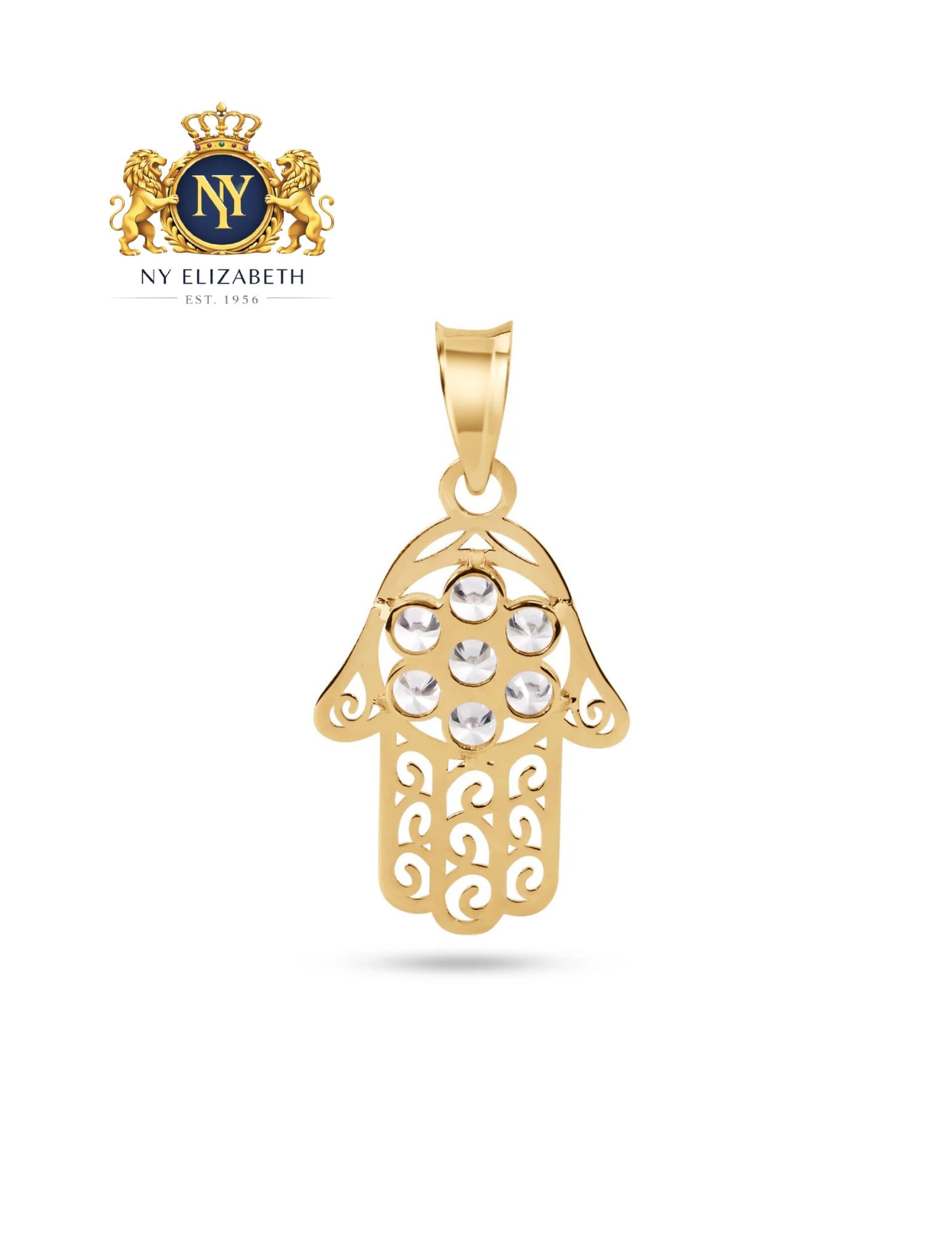 14 KARAT YELLOW GOLD HAMSA CLEAR PENDANT: 14 Karat Yellow Gold Hamsa Clear CZ Pendant Metal: 14k Gold Stone: Clear CZ Stones Dimensions: 13mm x 18mm Weight: 0.8 gram Length: None Accessories: None Notice: When purchasing pre-owned goods,