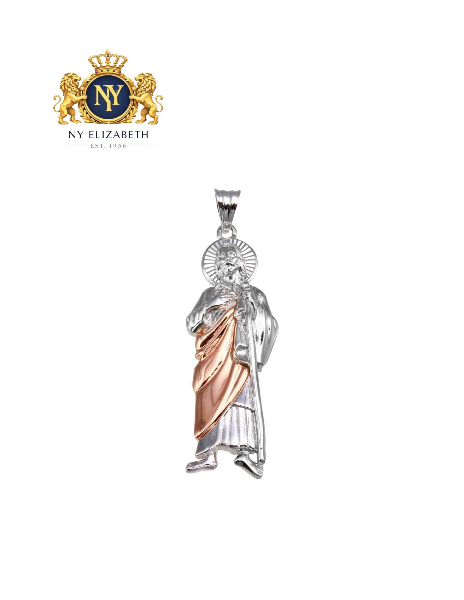 TWO-TONE 925 STERLING SILVER PLATED ST. JUDE DC PENDANT: Two-Tone 925 Sterling Silver Plated St. Jude DC Pendant Metal: 925 Sterling Silver Plating: Nickel Free Rose Gold and Rhodium Plated Dimensions: 17mm x 57mm Length: None Accessories: None Notice: W