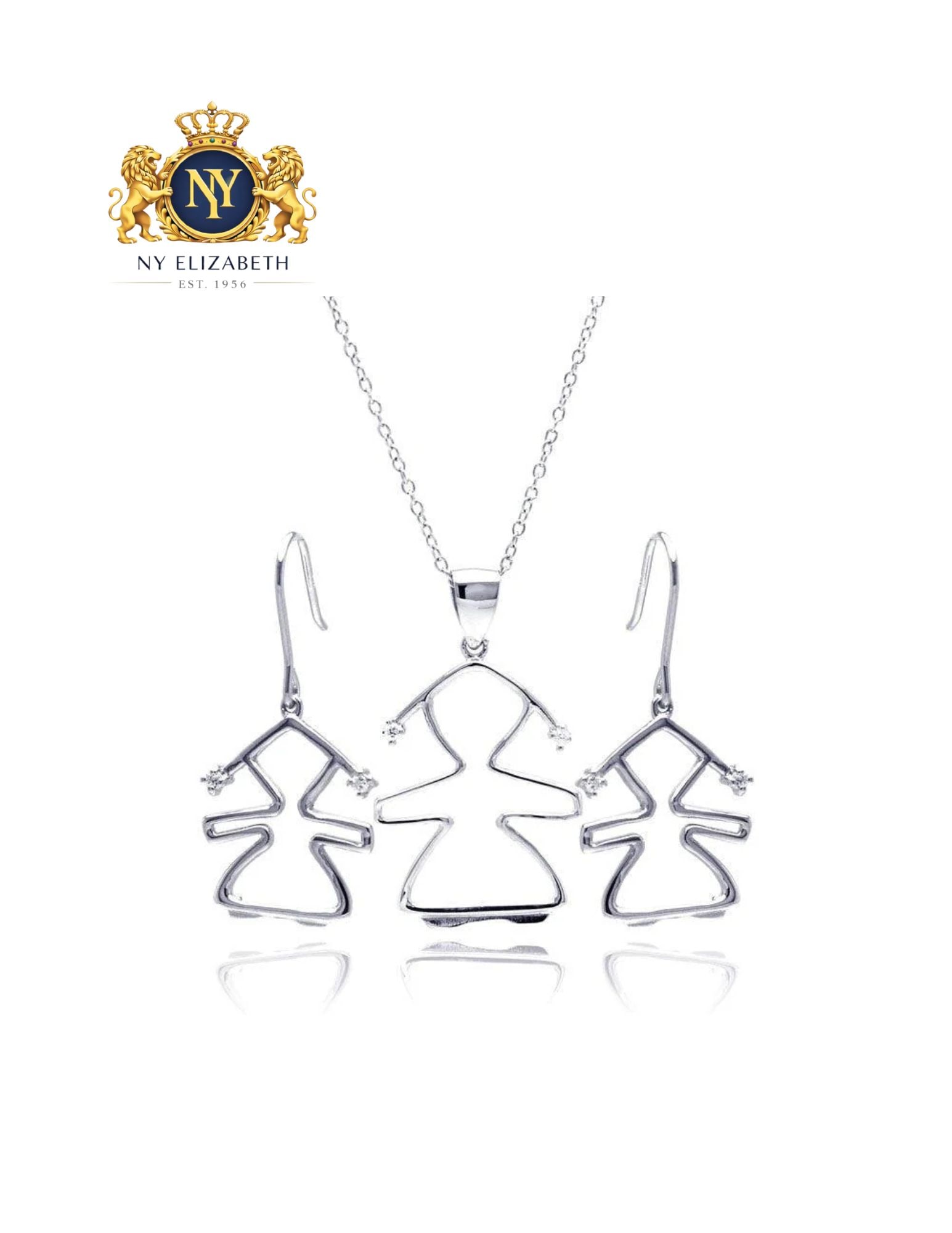SILVER 925 RHODIUM PLATED OPEN GIRL EARRING AND NECKLACE SET: Silver 925 Rhodium Plated Open Girl CZ Earring and Necklace Set Metal: 925 Sterling Silver Plating: Nickel Free Rhodium Plated Stone: Clear Cubic Zirconia Dimensions: Earring:18.5mm x15.2mmPendant: