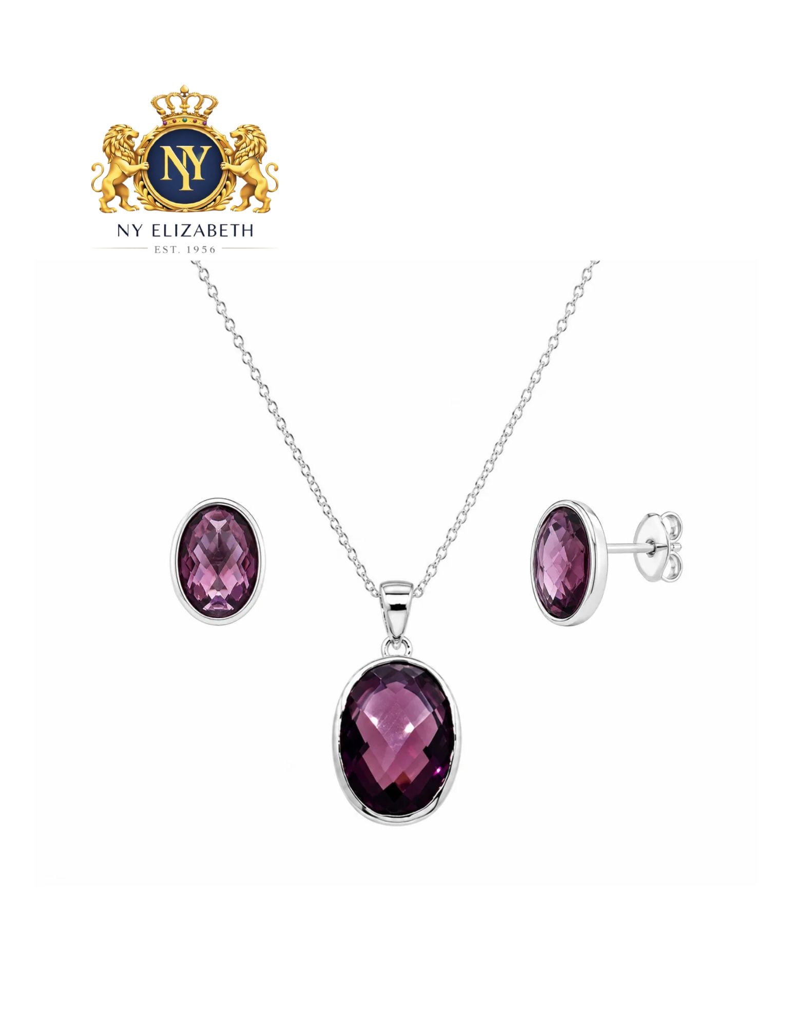SILVER 925 RHODIUM PLATED OVAL PURPLE POST EARRING AND NECKLACE SET: Silver 925 Rhodium Plated Oval Purple CZ Post Earring and Necklace Set Metal: 925 Sterling Silver Plating: Nickel Free Rhodium Plated Stone: Clear Cubic Zirconia Stones Dimensions: Pendant: 23mm x 12m